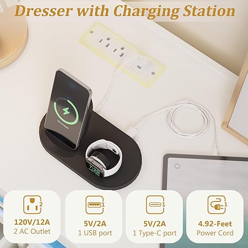 Miniatura 4 de Whalefall Cómoda blanca para dormitorio con 9 cajones, cómoda con luces LED y estación de carga, cómoda moderna con 3 cajones visuales, cómoda LED