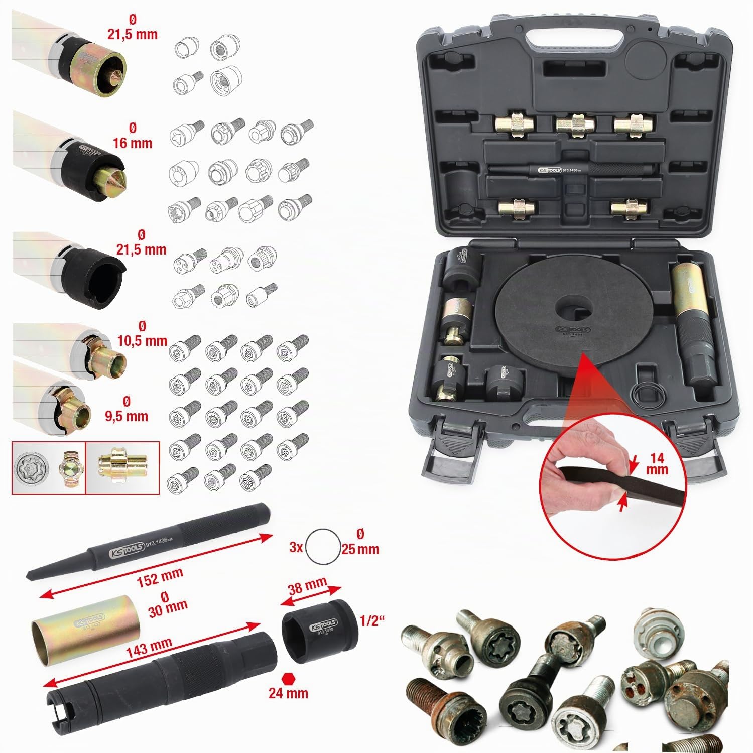 KS TOOLS Jeu d'outils de déblocage, Serrure de Jante 913.1430