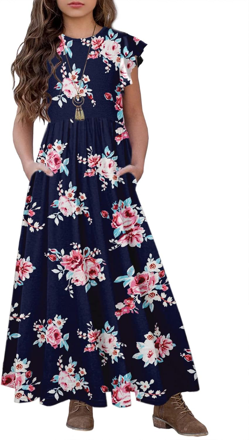 HOSIKAGirls Floral Maxi Dress Boho Ruffle Sleeve Pleated Casual A-line Swing Dresses with Pockets 6-12 Years