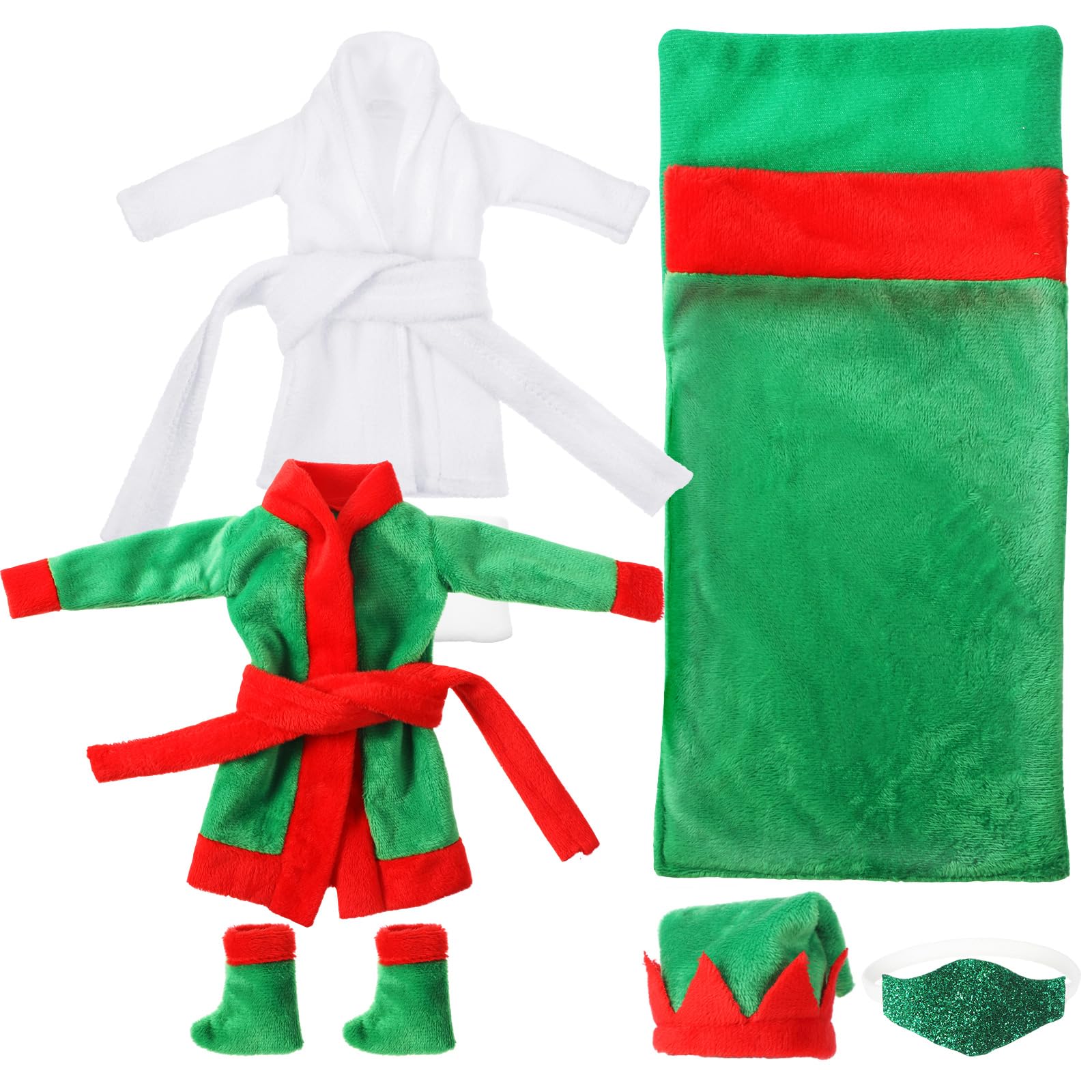 Canlierr 8 Pcs Christmas Elf Doll Clothes Sleeping Bag Accessories Including Christmas Doll Sleeping Bag, Bathrobe, Socks, Apron and Cap for Xmas Doll Clothes Kit(Red and Green)