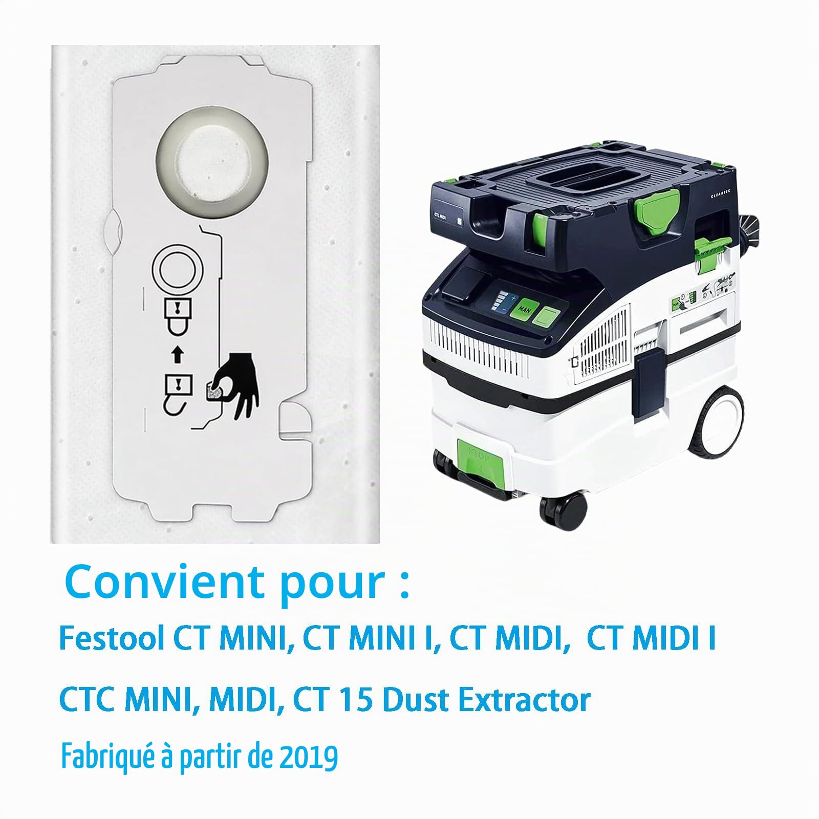 Lot de 8 sacs à poussière CT Festool MINI/MIDI/15, SC-FIS-MIDI-2/5 204308