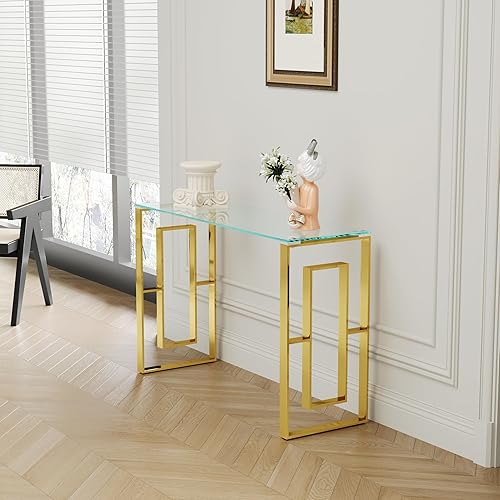 Miniatura 4 de Mesa consola larga de cristal moderna de 47.2 pulgadas con patas de acero inoxidable, estrecha detrás del sofá, mesa de entrada para entrada,