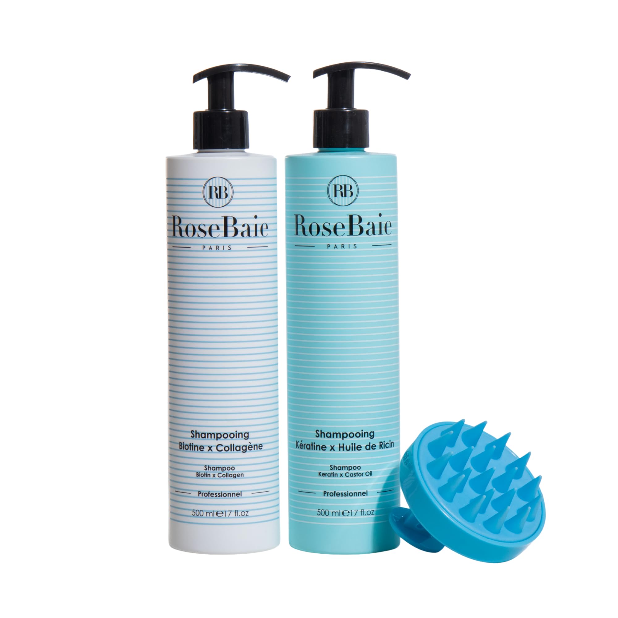 ROSEBAIE | Duo Shampoing Pousse et Antichute | Biotine Collagène et Ricin | Stimule la Microcirculation | BROSSE MASSANTE OFFERTE | Sans Sulfate | Efficacité Prouvée | Format Économique | 2x 500ml