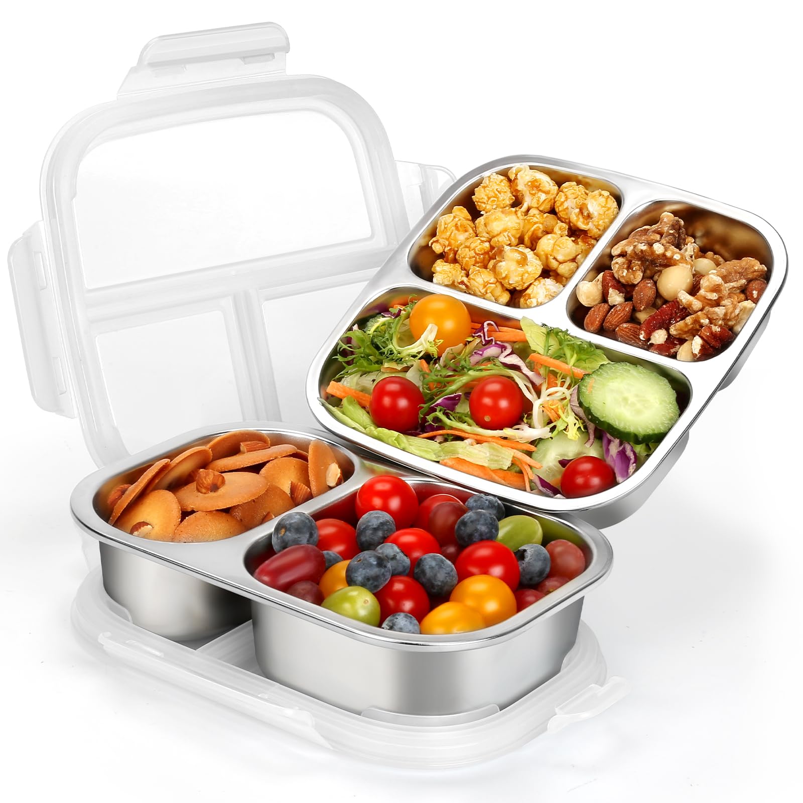 Photo 1 of DUNPUTE Stainless Steel Snack Containers with Lids, 2 Pack Stainless Steel Bento Box, Metal Lunch Box with 3 & 2 Compartments, Food Storage for Snacks, Fruit, Sauce, Dishwasher Safe for TravelLPNPMFY0379265