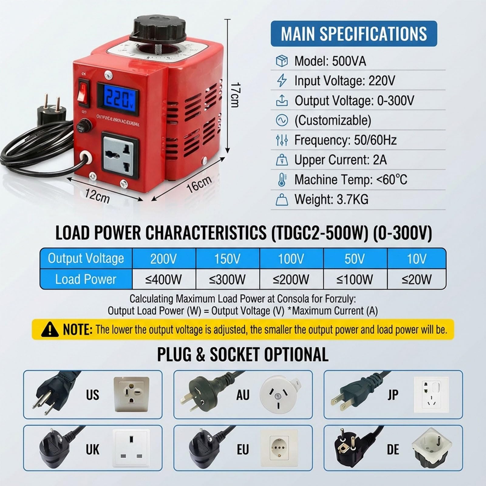 Trasformatore di Tensione Variabile 2000VA, Alimentatore CA Regolabile 0-300V, Ingresso 220-240V, 50/60Hz, per Macchine Utensili, Attrezzature di Test, Uso Industriale(500VA)