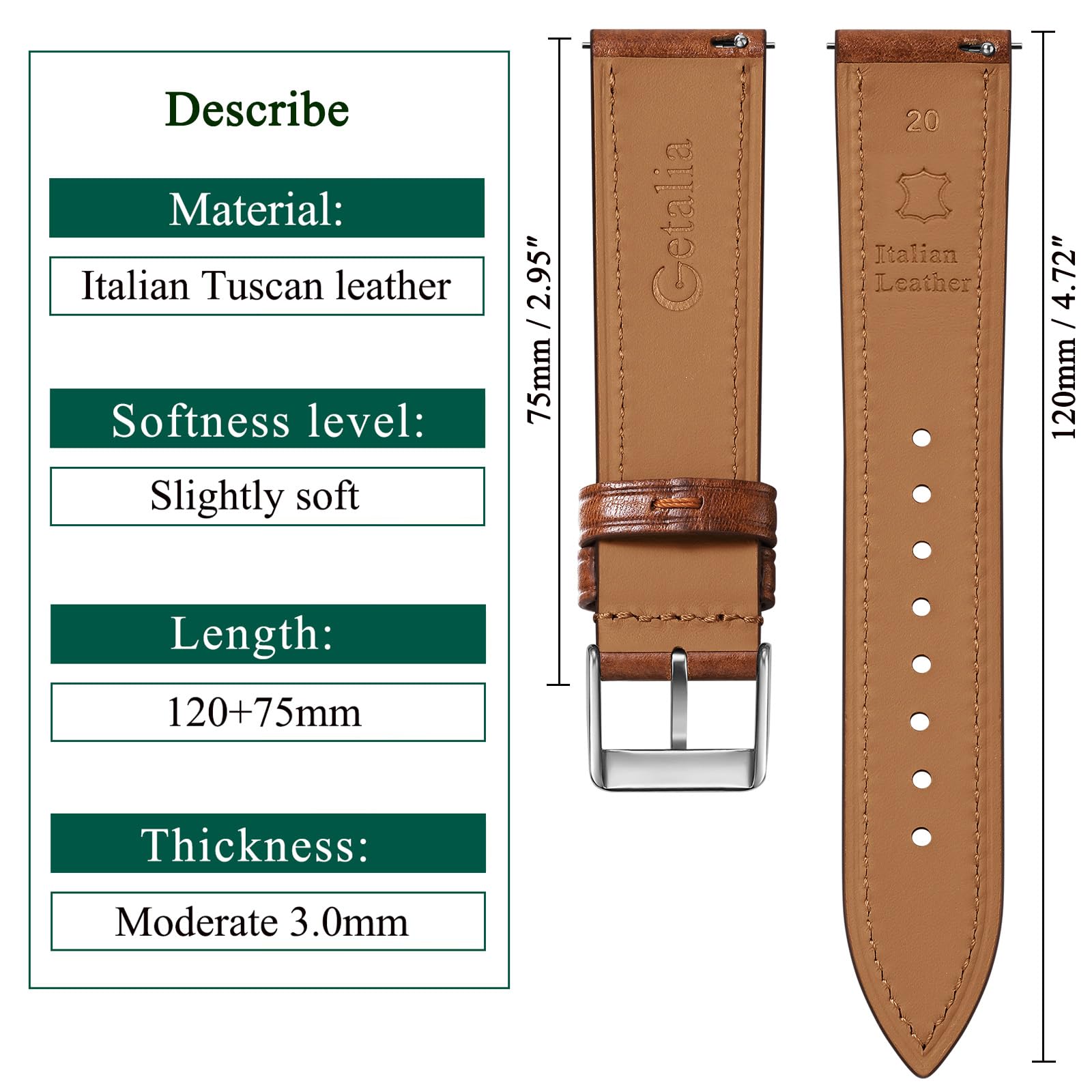 Getalia Bracelet de montre en cuir italien Toscane naturel tanné végétal véritable - 18 mm, 19 mm, 20 mm, 21 mm, 22 mm - Bracelet de montre de rechange fin et doux pour homme et femme