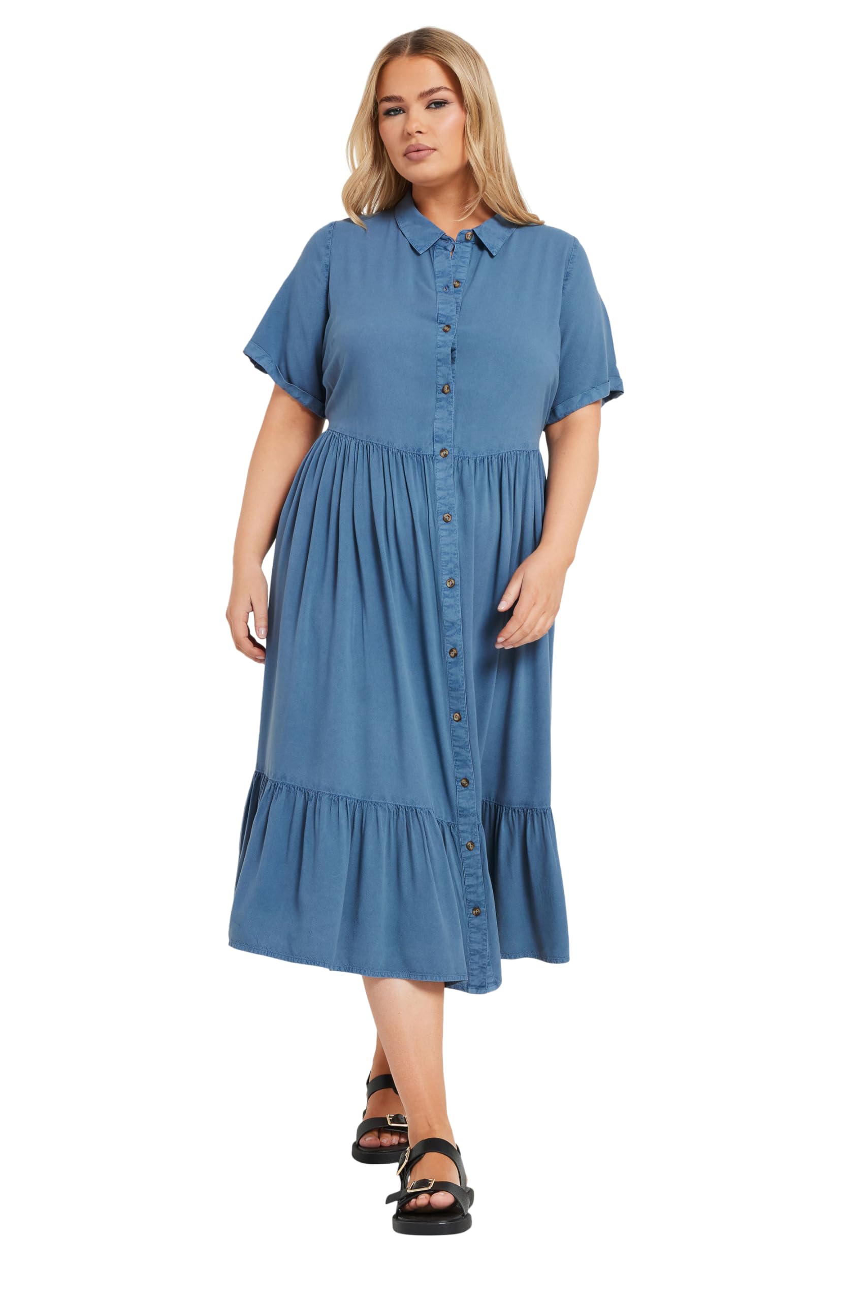 Yours Women's Blue Curve Tiered Maxi Chambray Shirt Dress - Plus Size Curve