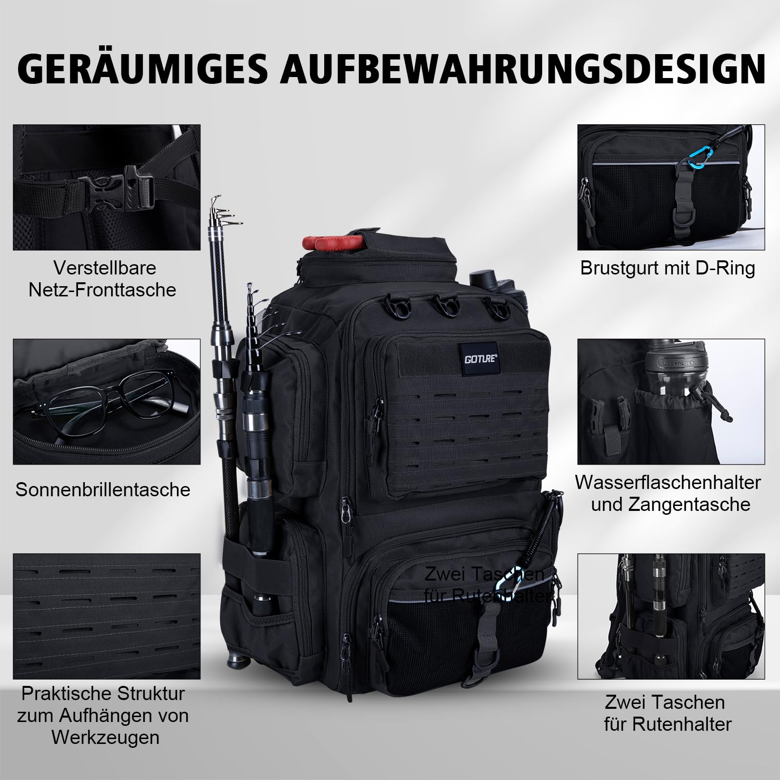 Goture Angelrucksack mit 4 Köderbox Angeln, 45-Liter Angelzubehör-Rucksack mit Zwei Rutenhaltern und Regenschutz, 900D Oxford-Gewebe Wasserabweisende Angelgerätetasche mit verstellbarem Fach