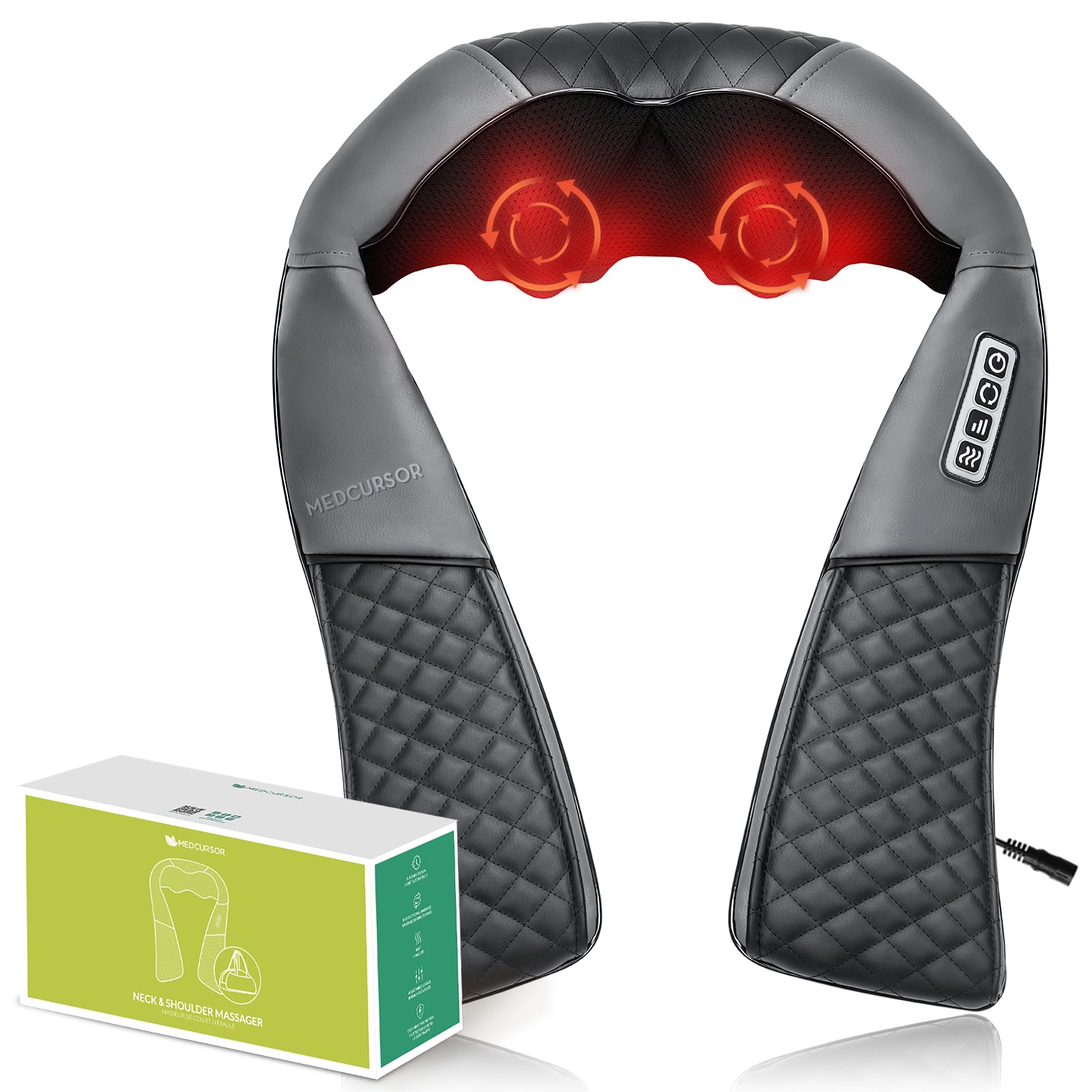 medcursor neck massager, 2026 upgraded, portable electric shiatsu back massage device with heat, deep tissue 3d kneading pillow for muscle pain relief (no battery)