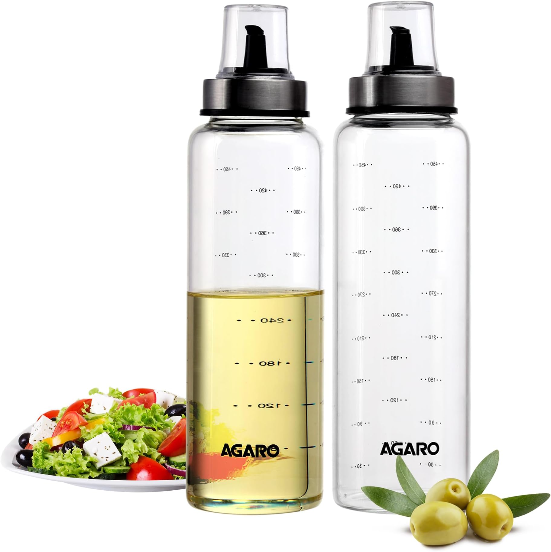 AGARO Elite Borosilicate Glass Oil Dispenser With Capacity Markings, Pack of 2, 500 Ml each, Metallic Lid, Oil Bottle Jar, Transparent