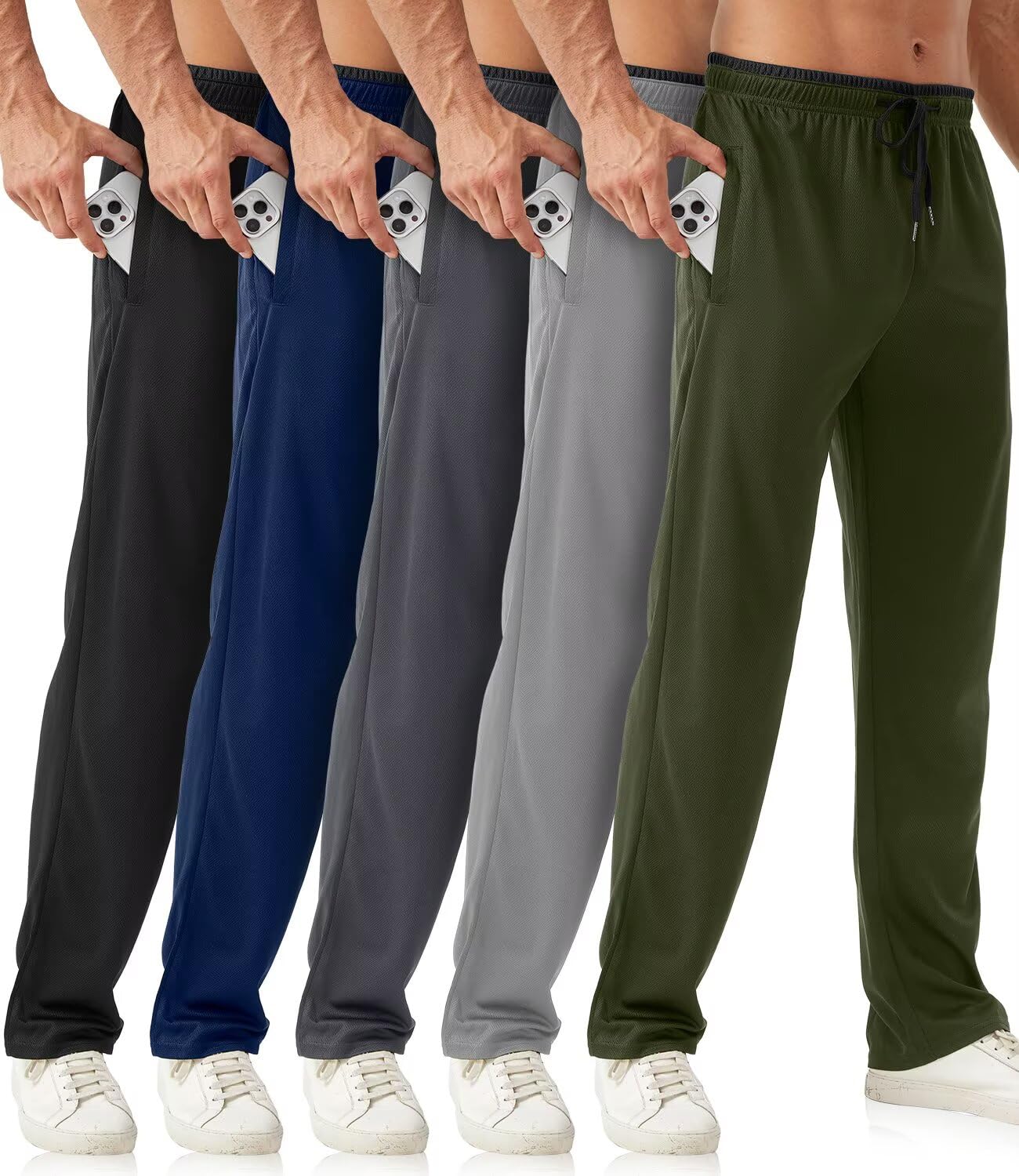 OZYJD Mens Sweatpants with Zipper Pockets 5 Pack Mens Joggers for Men Open Bottom Mesh Athletic Pants for Workout,Running