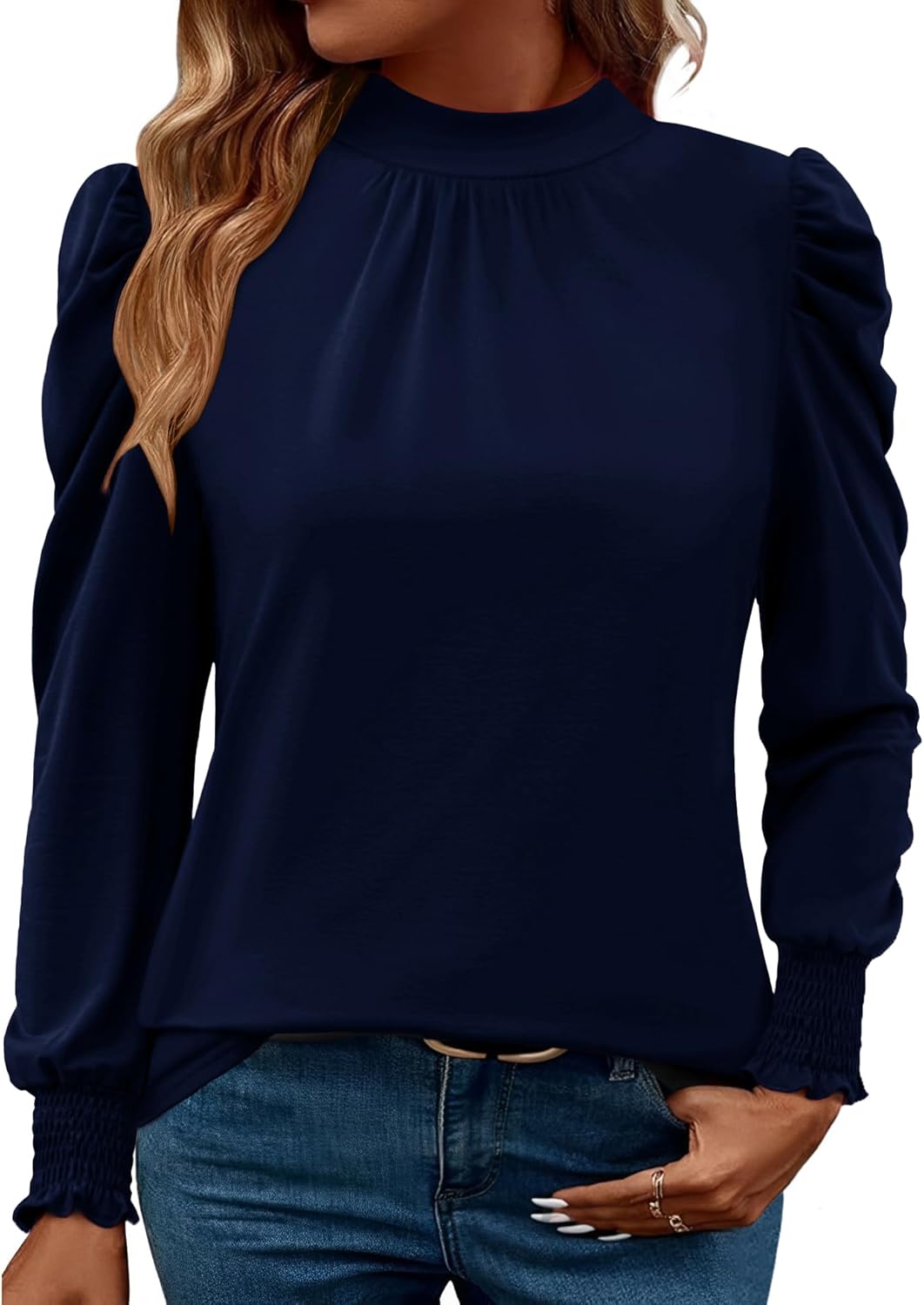 LUYAA Puff Long Sleeve Shirts for Women Tops Dressy Casual Frill Mock Neck Smocked Cuffs Blouses