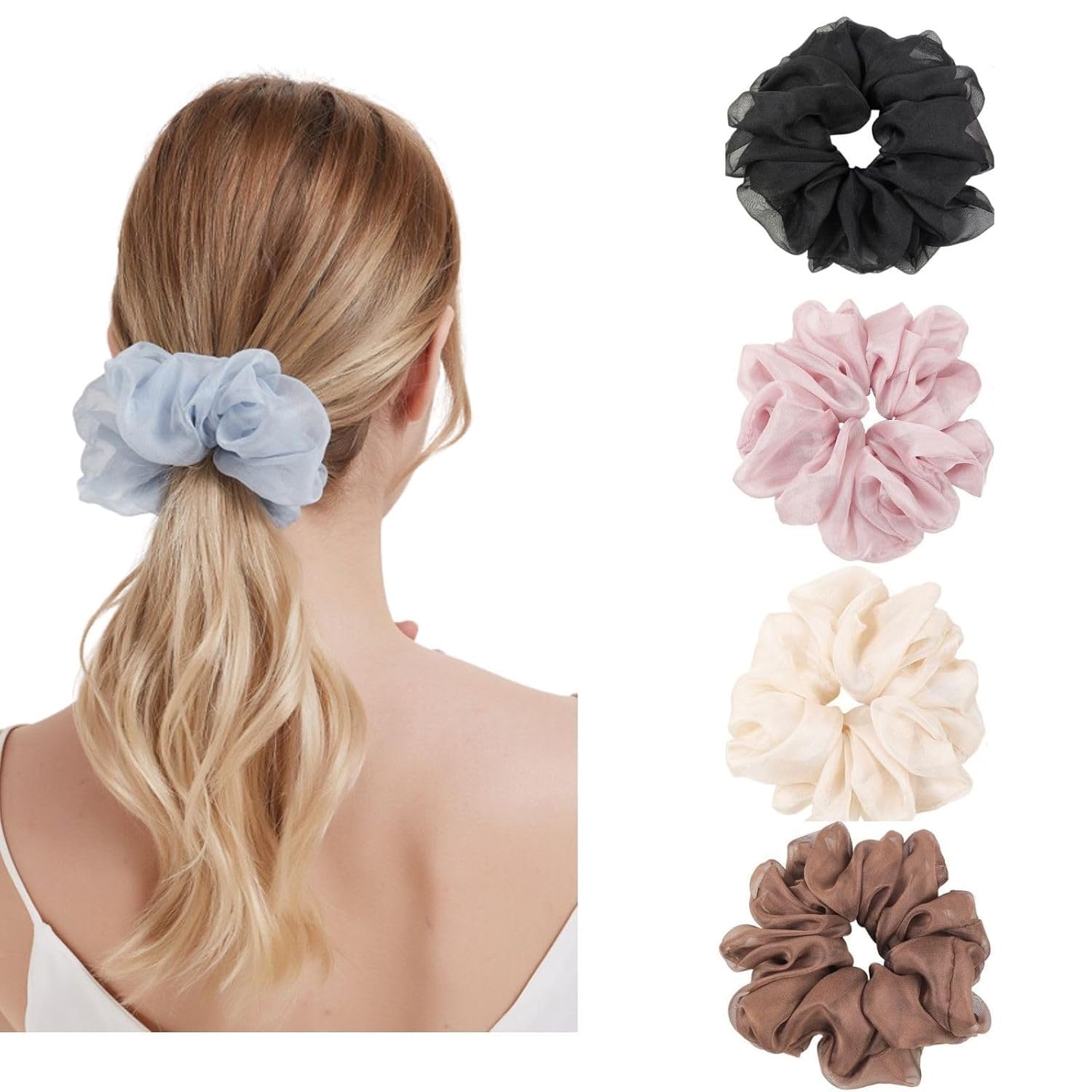 Beauty Soft Oversized Hair Scrunchies Jumbo Giant Large Organza Scrunchies big Scrunchy Elastic Hair Ties for Women and Girls Multicoloured (Pack of 6)-image-4