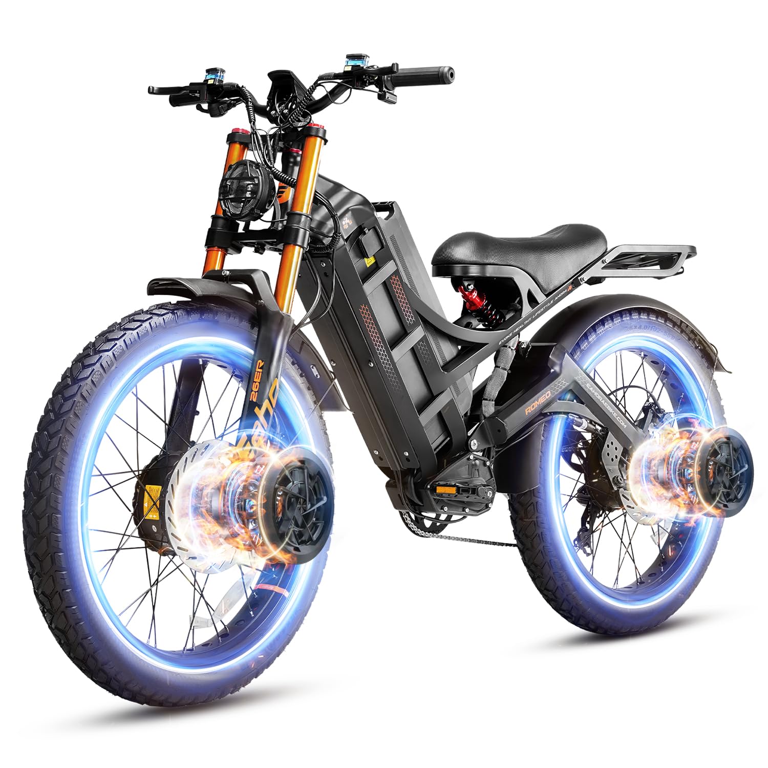 eAhora[2025 Upgraded] Romeo Pro Ⅲ 5600W 46-50MPH Dual Motor Electric Bike 60V 80AH 250Miles Long Range Ebike Air Full Susepension Electric Mountain Bike, UL2849