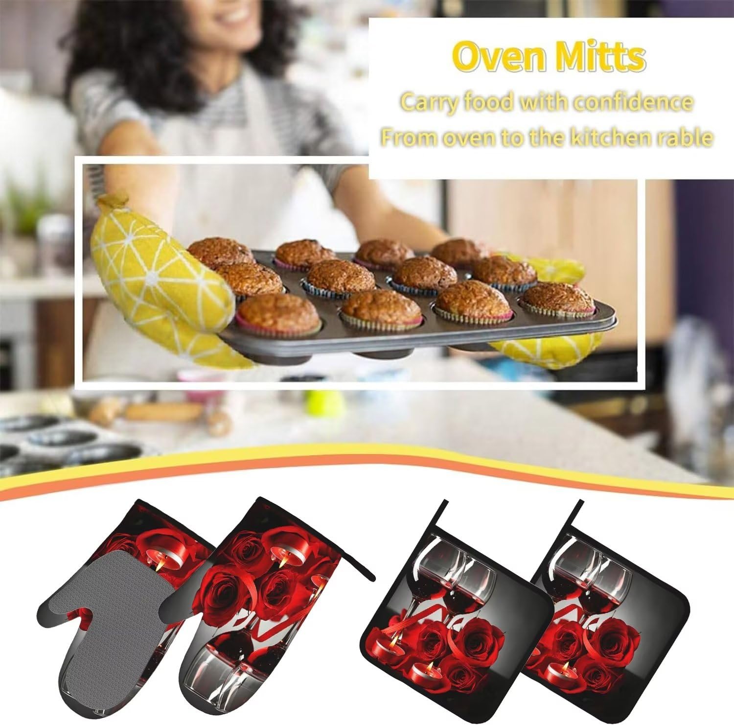 Juego de 5 manoplas de horno y soportes para ollas con delantal, de silicona, para copas de vino rojo y velas, guantes de cocina y agarraderas antideslizantes, juego de delantales resistentes 7