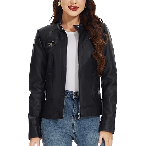 Fahsyee Zip Leather Jackets for Women Motorcycle Faux PU Moto Biker Outwear Coat