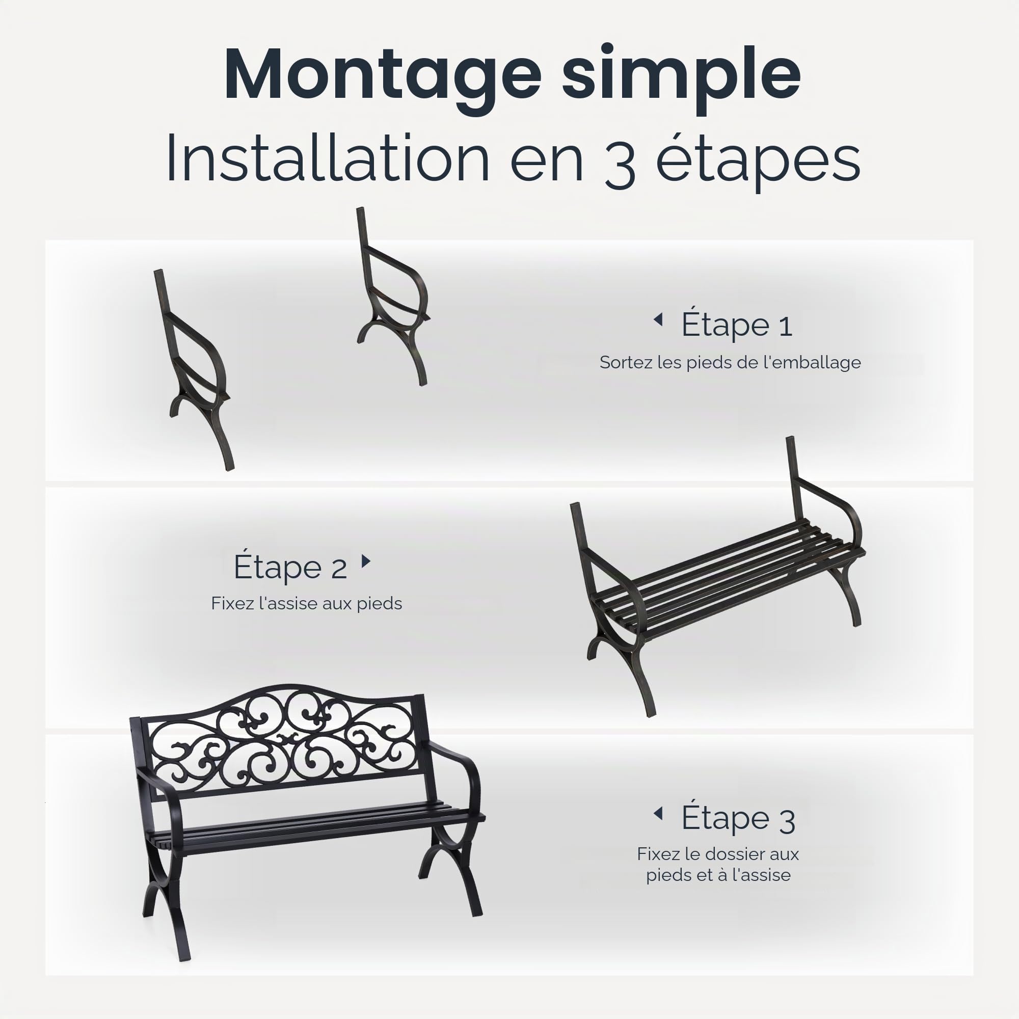 PHI VILLA Banc de jardin résistant aux intempéries en métal fonte avec cadre en acier - 2 à 3 places - Avec dossier à design floral - Pour parc, jardin et terrasse
