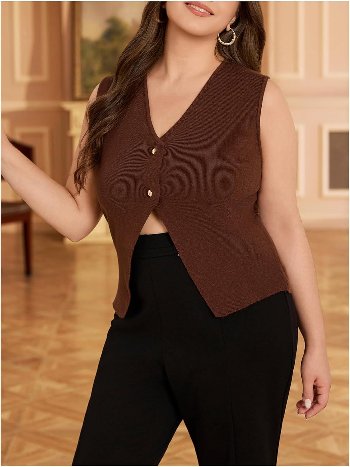 Floerns Women's Plus Size V Neck Sweater Vest Sleeveless Button Up Knitted Pullover - Image 6