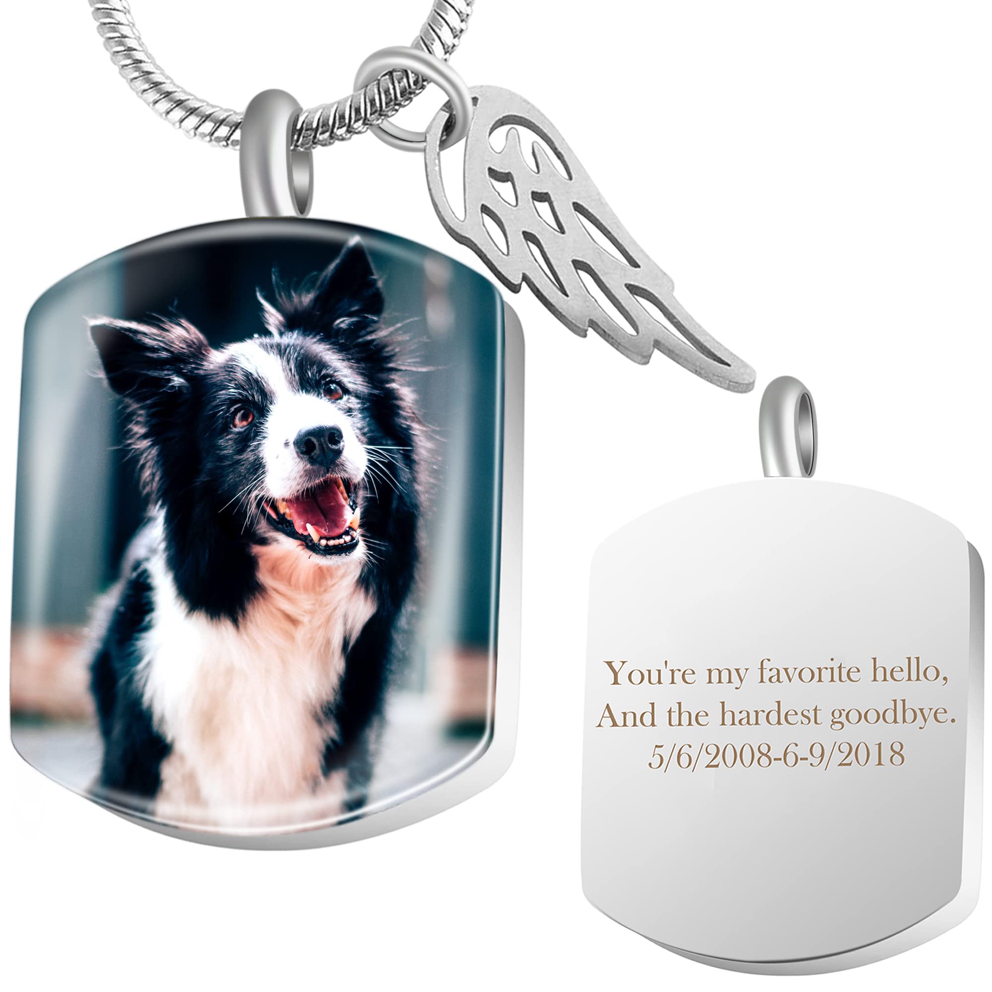 Farfume Personalised Urn Necklace for Ashes Engraving Photo & Text Cremation Jewellry Memorial Ashes Necklace for Humans/Pet (Silver Square Ashes Necklace - Wings) — image 1
