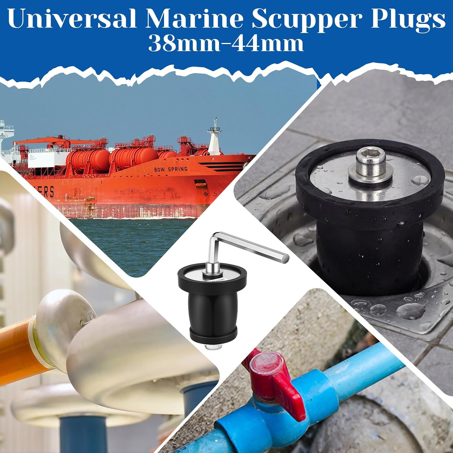 Lothee 2 Set Expandable Marine Scupper Plugs (45-65mm) with Removable L-Type Hex Wrenches, Leakproof Rubber Pipe Drain Plugs for Boats, Pools, Sewers