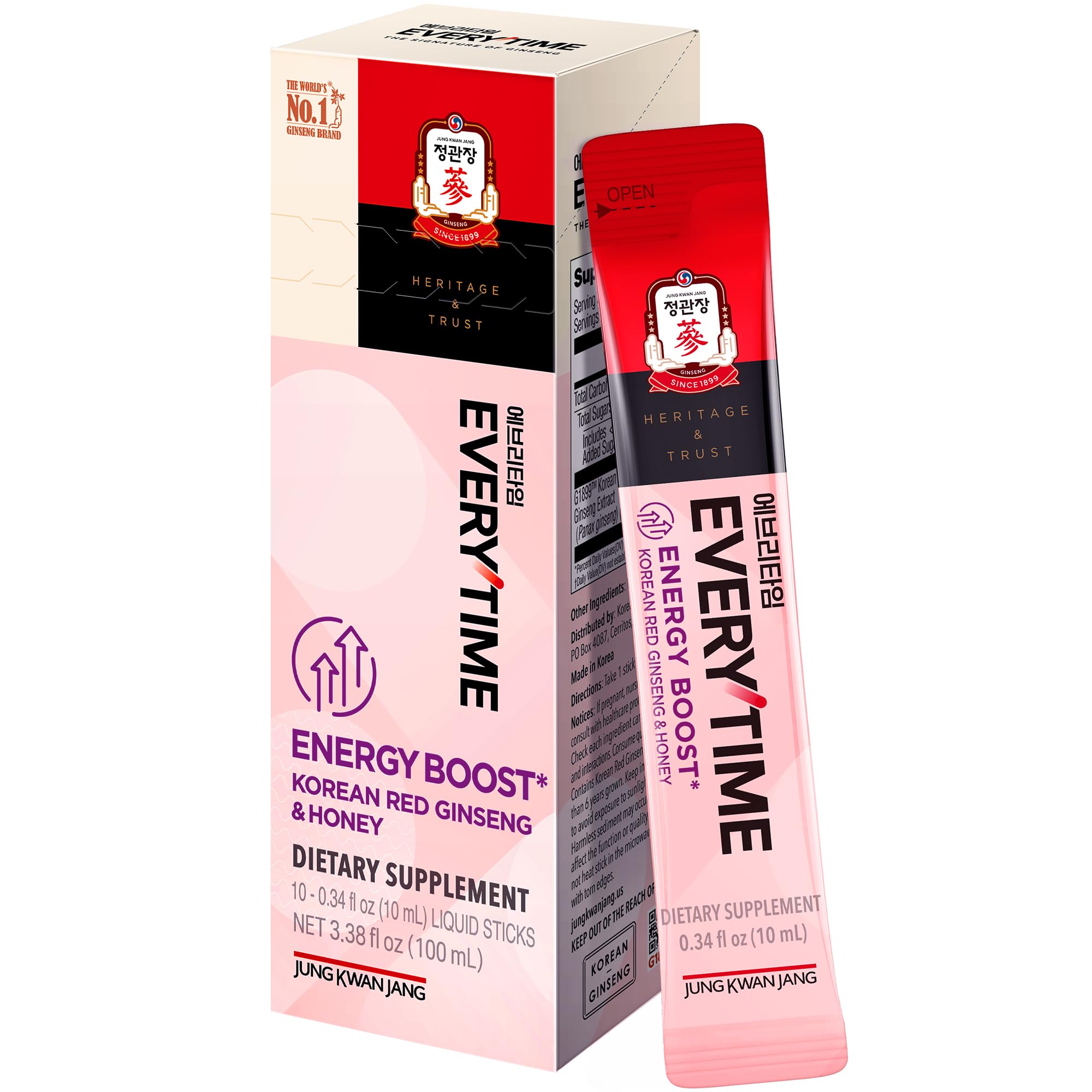 Everytime Energy Boost Korean Red Ginseng Extract 1,000mg & Honey - Vegan Ginseng Energy Drink Liquid Stick Supplements - Builds Stamina & Immunity No Caffeine (10 Sticks, 0.34 fl oz)