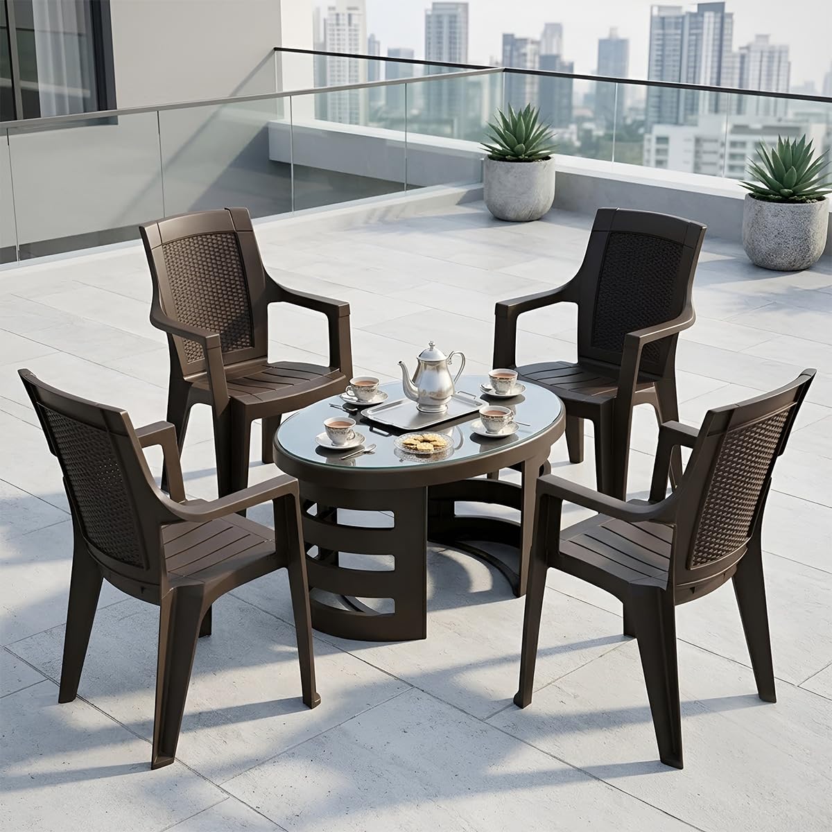Nilkamal Mystique Garden Patio Seating Chair and Table Set | 4 Chairs and 1 Table | Plastic Furniture for Indoor, Outdoor, Balcony, Cafe | Season Rust Brown-image-18