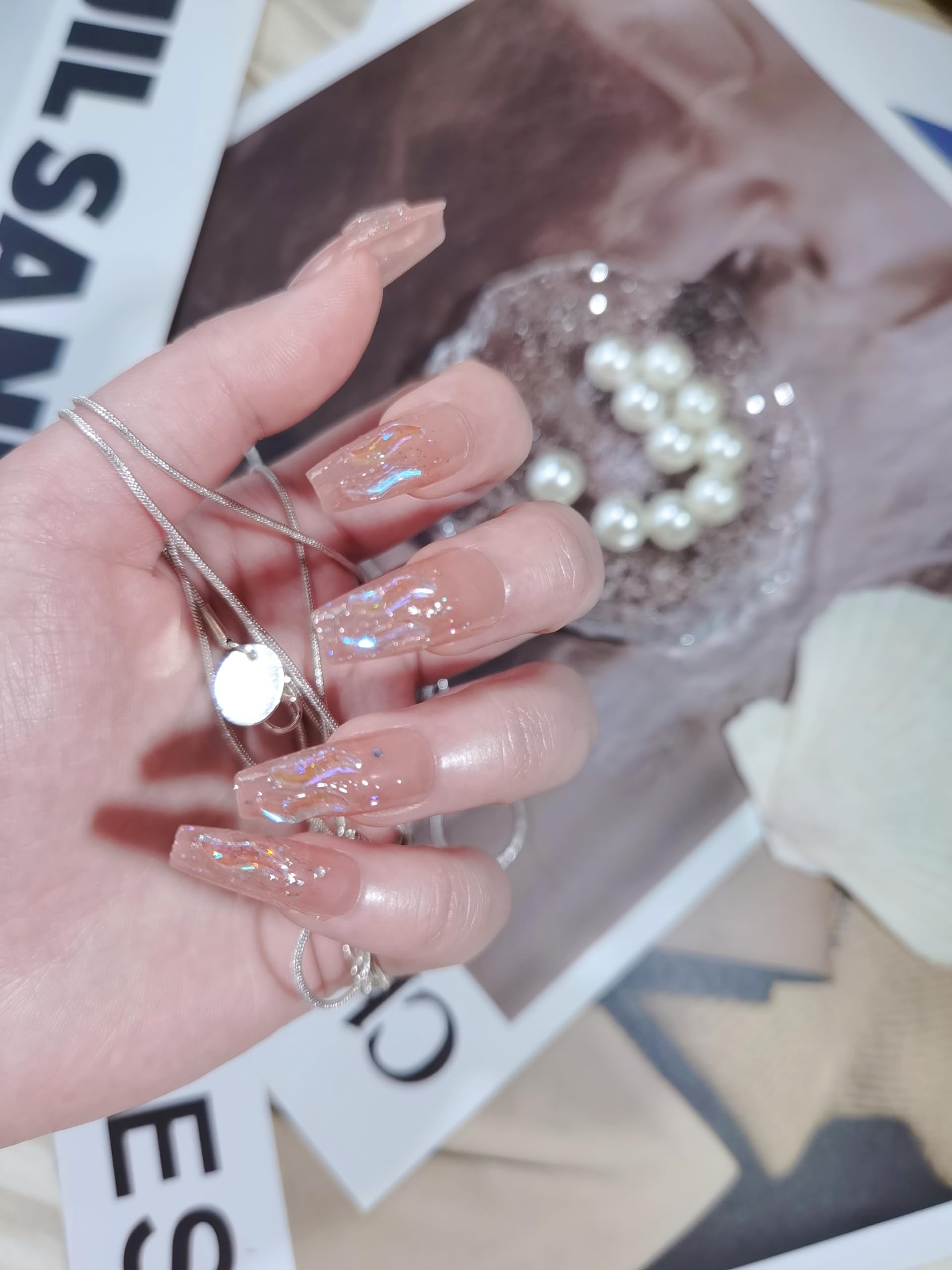 Monína False Nails Press on Manicure, 24PCS Artificial Nails Stick On, Medium Length Fake Nails, Elegant Acrylic Full Cover Nails Tips (Pinky Candy)