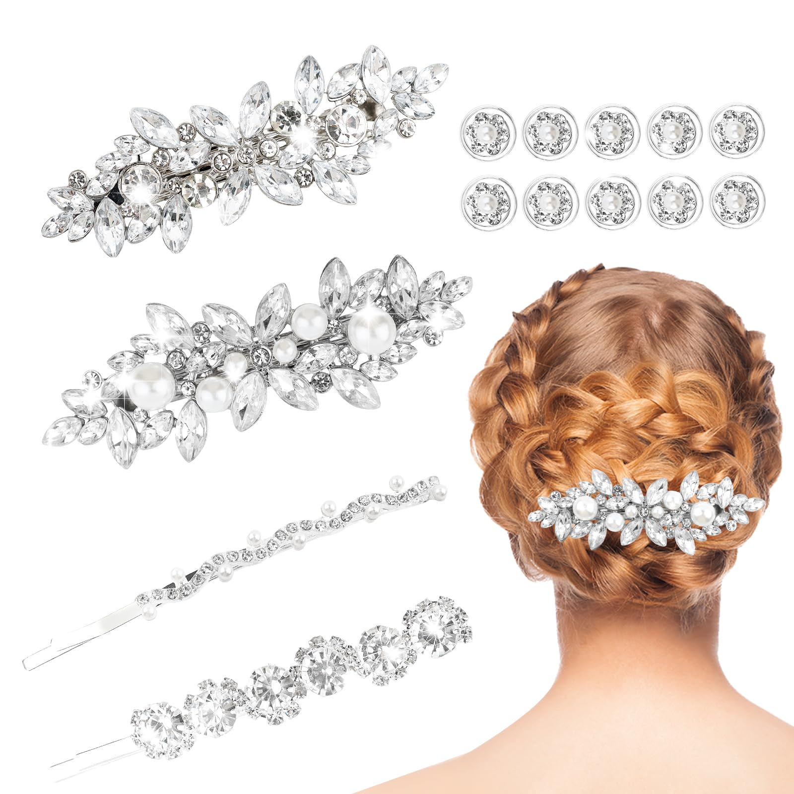 BATHRINS 14Pcs Rhinestone Hair Clips for Women Silver Hair Barrettes Sparkly Crystal Hair Clip