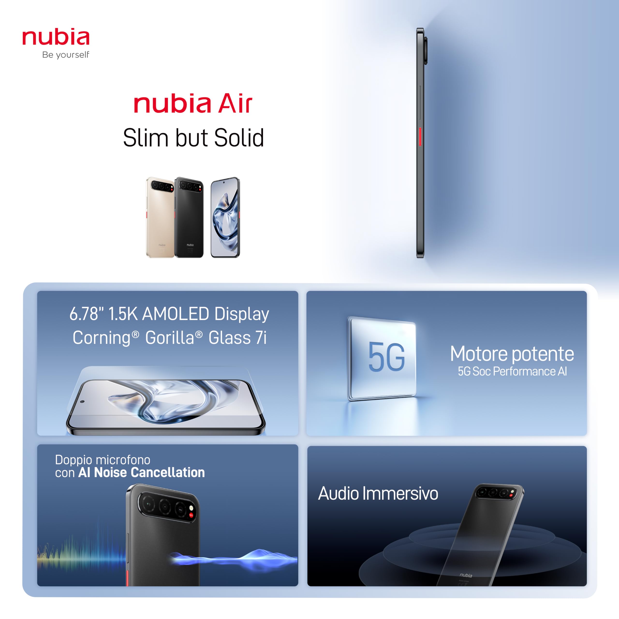 nubia Air, Smartphone 5G ultrasottile, Display AMOLED 6,78", 256 GB, RAM 20GB (8+12GB RAM fusion), Tripla fotocamera AI 50MP, Batt. 5000mAh, resiste a acqua e polvere (IP68 & IP69), Titanimu Black