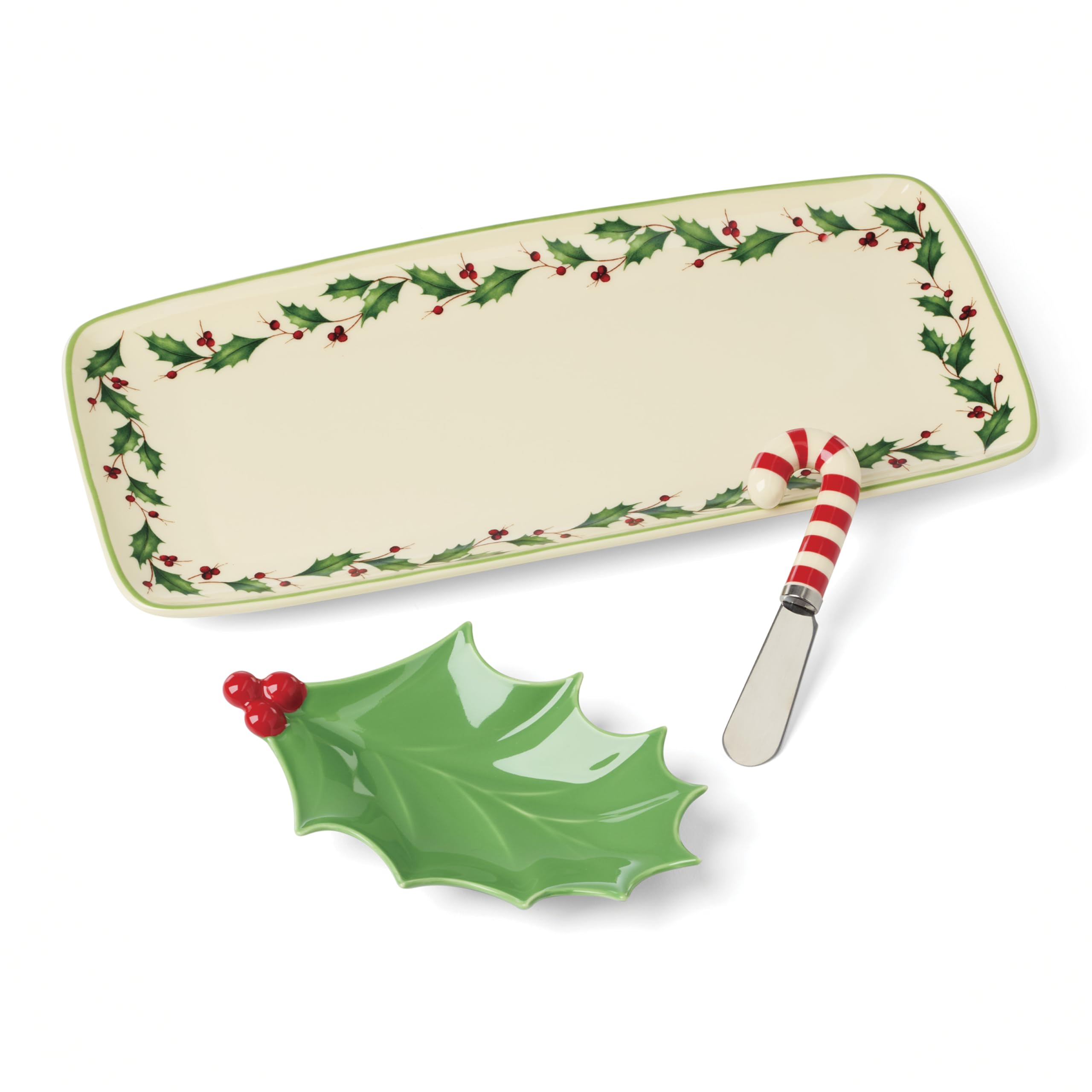 Lenox Holiday Porcelain Christmas 3-Piece Serving Tray Set with Spreader