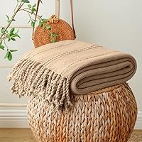 Vista 7 de BATTILO HOME Tan Throw Blanket for Couch, Knitted Boho Tan Throw Blankets for Bed Sofa, Decorative Woven Throws with Tassel, Soft Warm Khaki Blanket