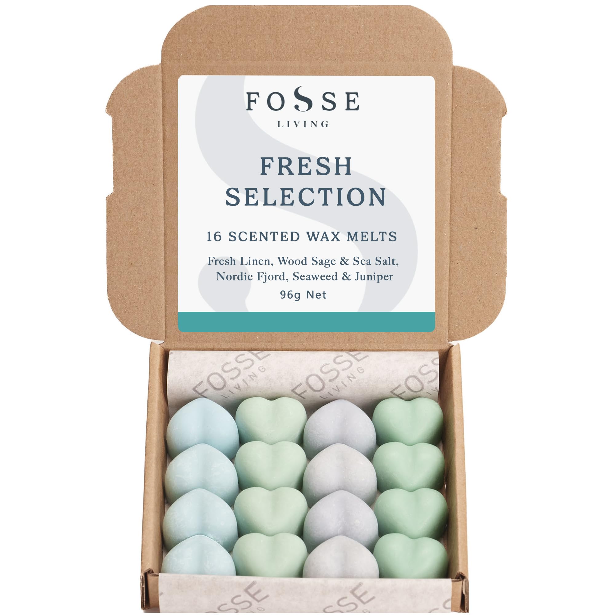 Fosse Living Fresh Selection Soy Wax Melts 16 Pack | Fresh Linen, Wood Sage & Sea Salt, Nordic Fjord, Lemon & Juniper | Natural, Vegan & Plastic Free | Up To 96 Hrs Scent | Handmade In Uk –