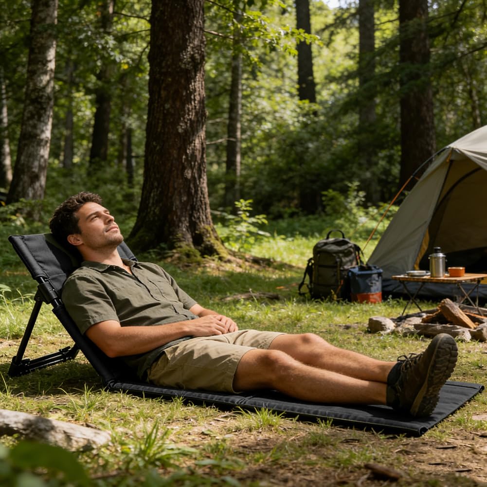Strandmatte Sitzunterlage 0utdoor, Bodenstuhl mit Rückenstütze, Tragbar Klappkissen Strand Sitz für Strand Picknick Camping Outdoor Konzerte, 108 x 41 x 41 cm (Schwarz)
