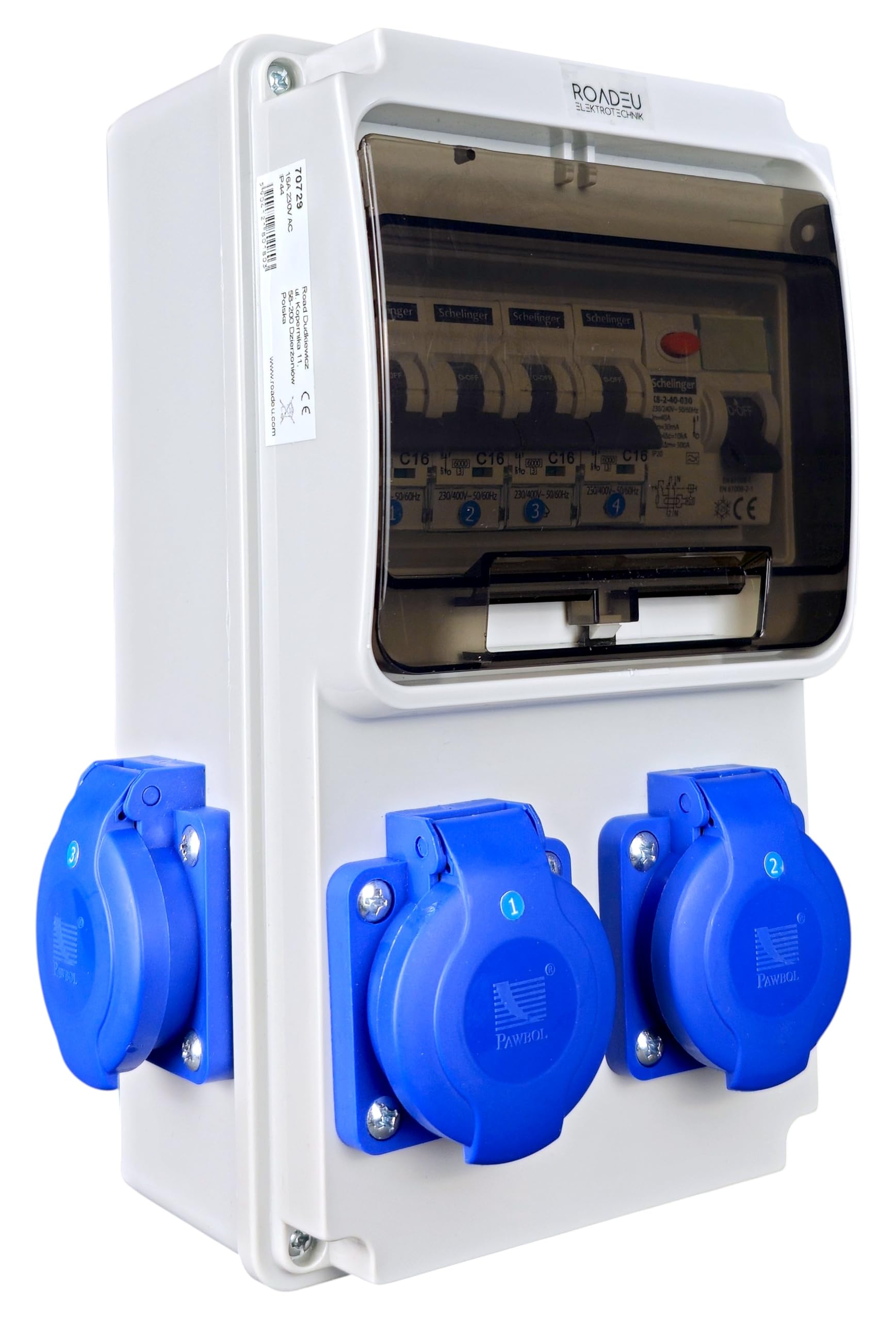 RoadEu - Coffret de Chantier 230V, 4x Prises avec interrupteur, IP44 Distributeur de Prises avec disjoncteur différentiel 40A type A/AC, 4x LS C16A. Idéal pour les ateliers, les garages et les usines