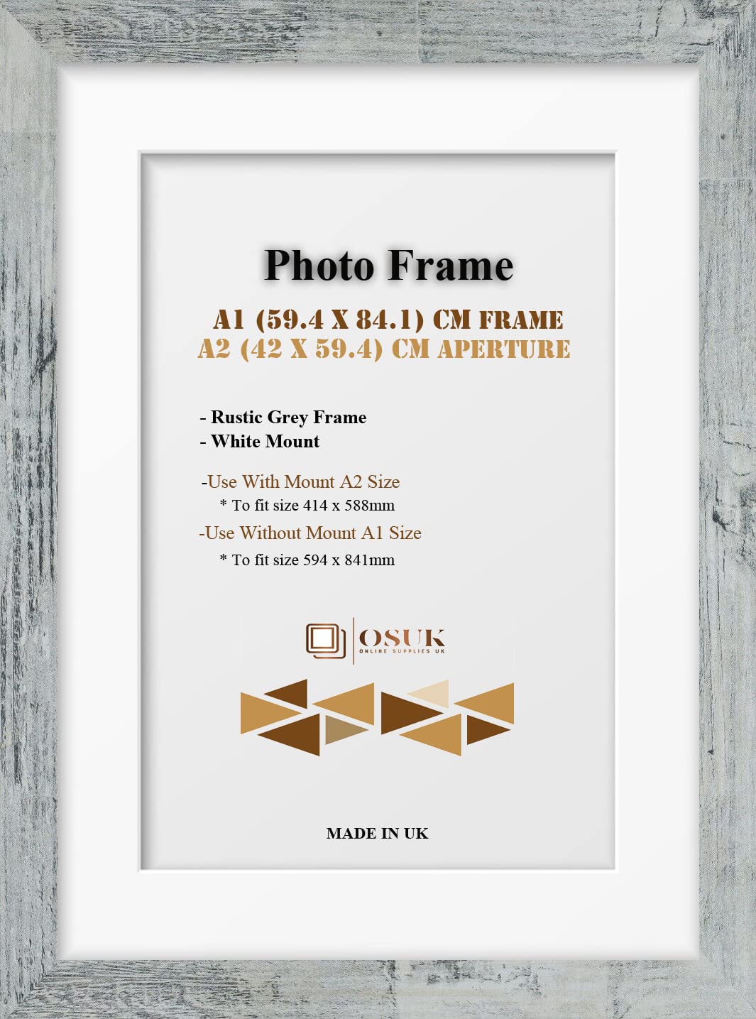 OSUK Rustic Grey A1 Frame With A2 Mount - Modern Photo Frame With White Mount - Clear Perspex Front & Wall Mounting Poster Frame - Rustic Grey A1 Picture Frame With A2 White Mount