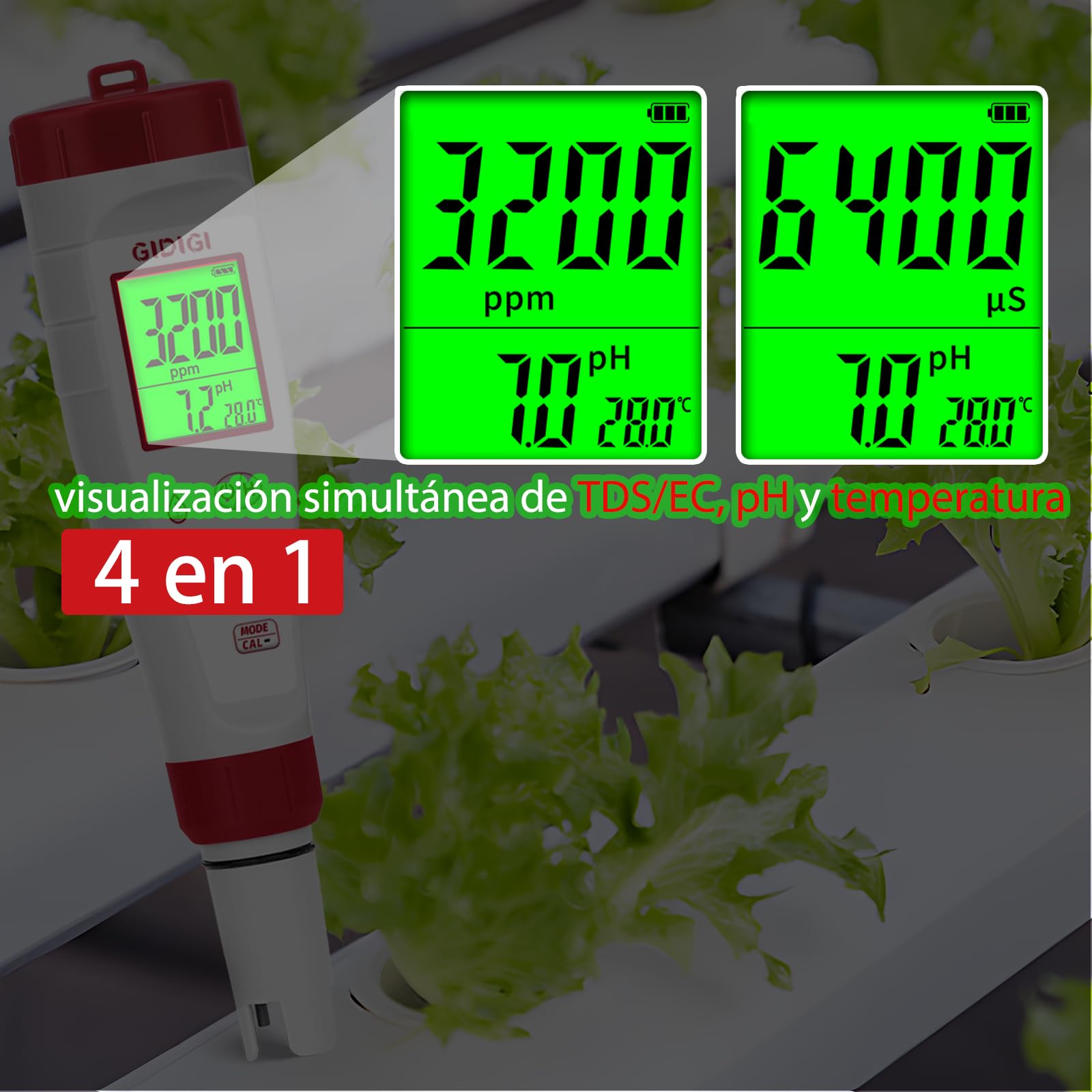 Medidor TDS pH EC 4 en 1 ph-metro para agua potable hidroponía acuario