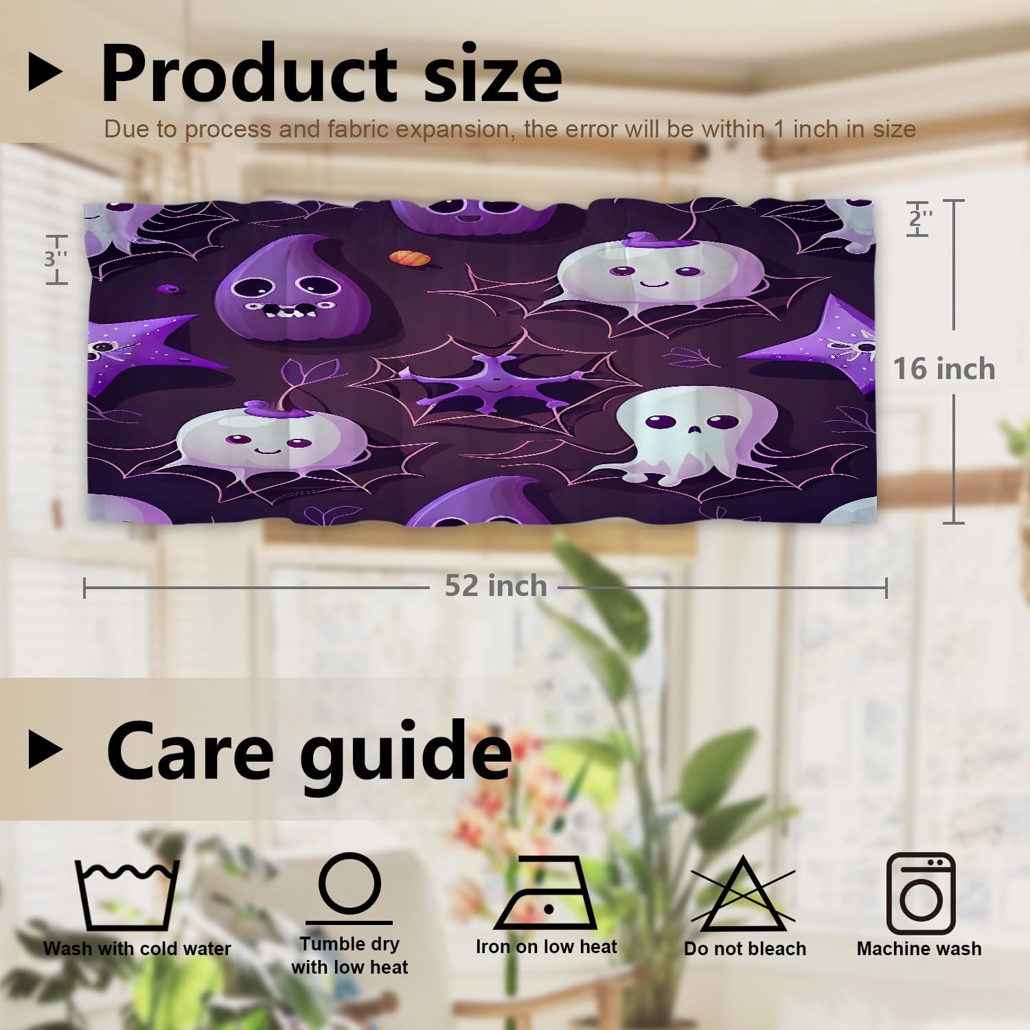 Halloween Seamless Ghosts Blackout Kitchen Curtain, Spider Web On Purple Window Treatment Rod Pocket Light Filtering Bathroom Short Valance 2 Pack 52X16 Inches