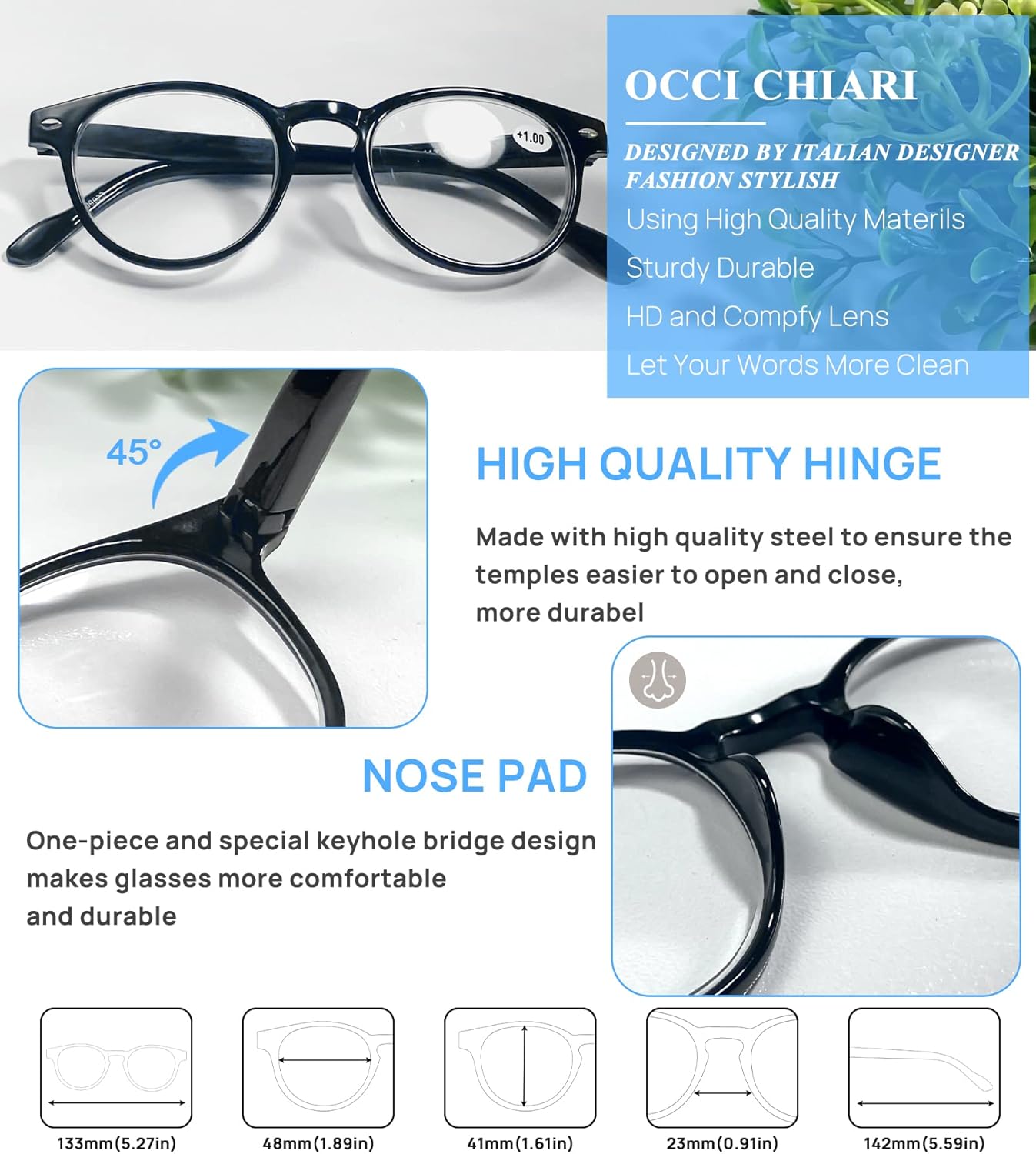 OCCI CHIARI Bifocal Reading Glasses with Clear Top,Blue Light Blocking Readers Women 1.0 1.5 2.0 2.5 3.0 3.5(1.5x Black)