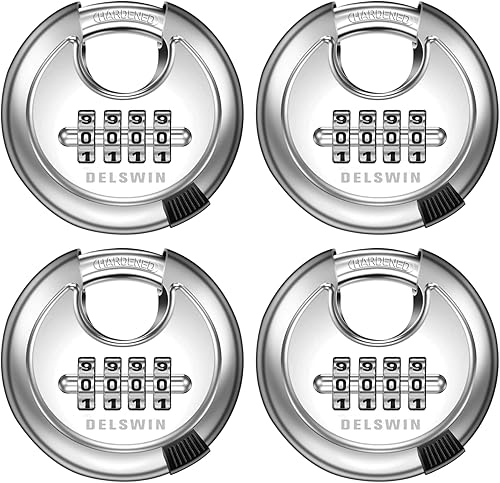DELSWIN Candado de disco combinado de 4 dígitos con grillete de acero endurecido para exteriores, cerradura de puerta combinada para cobertizos,