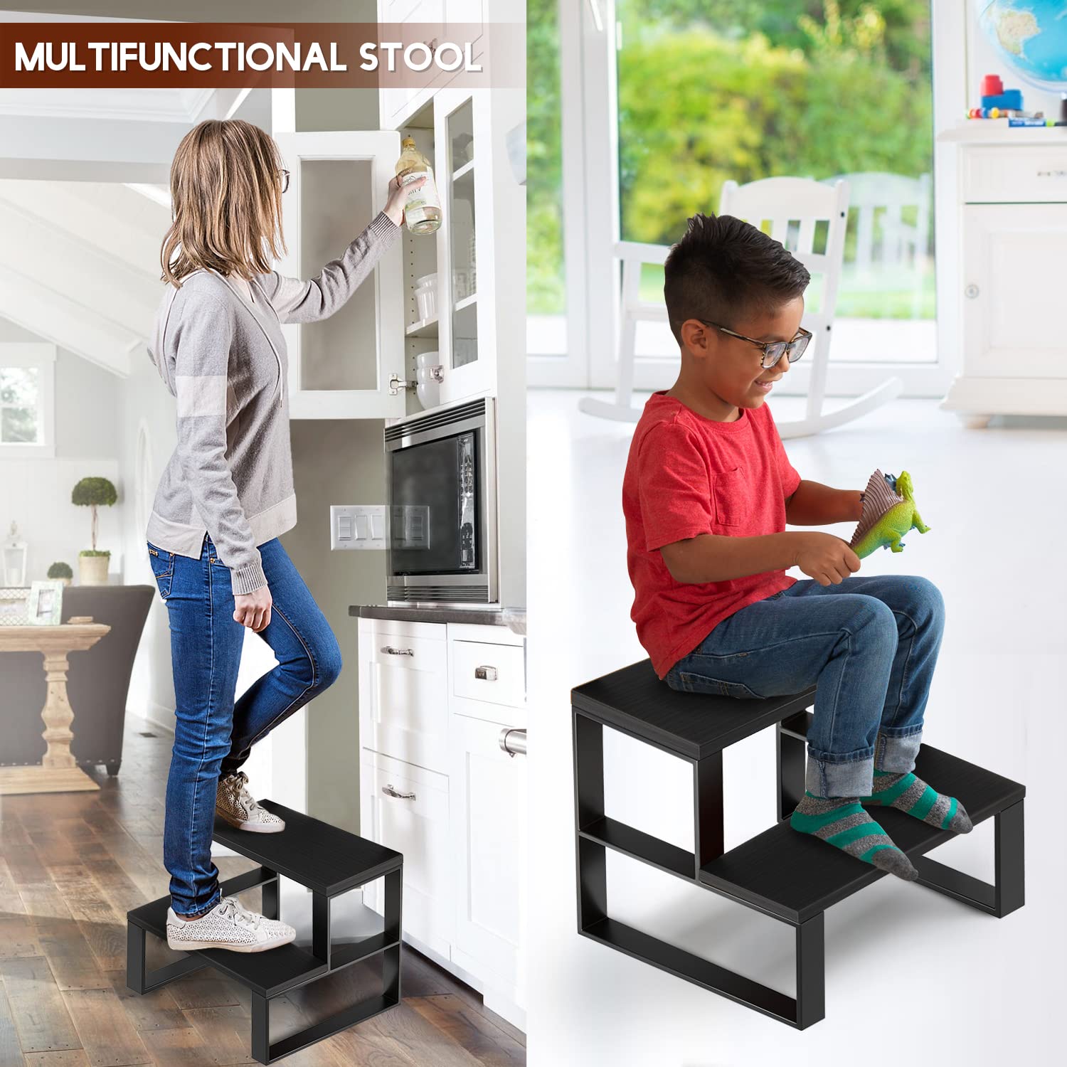 Slef Step Rocker Stool Wooden Step Stools for Adults Kids Steping Stool for Kitchen High Bed ...