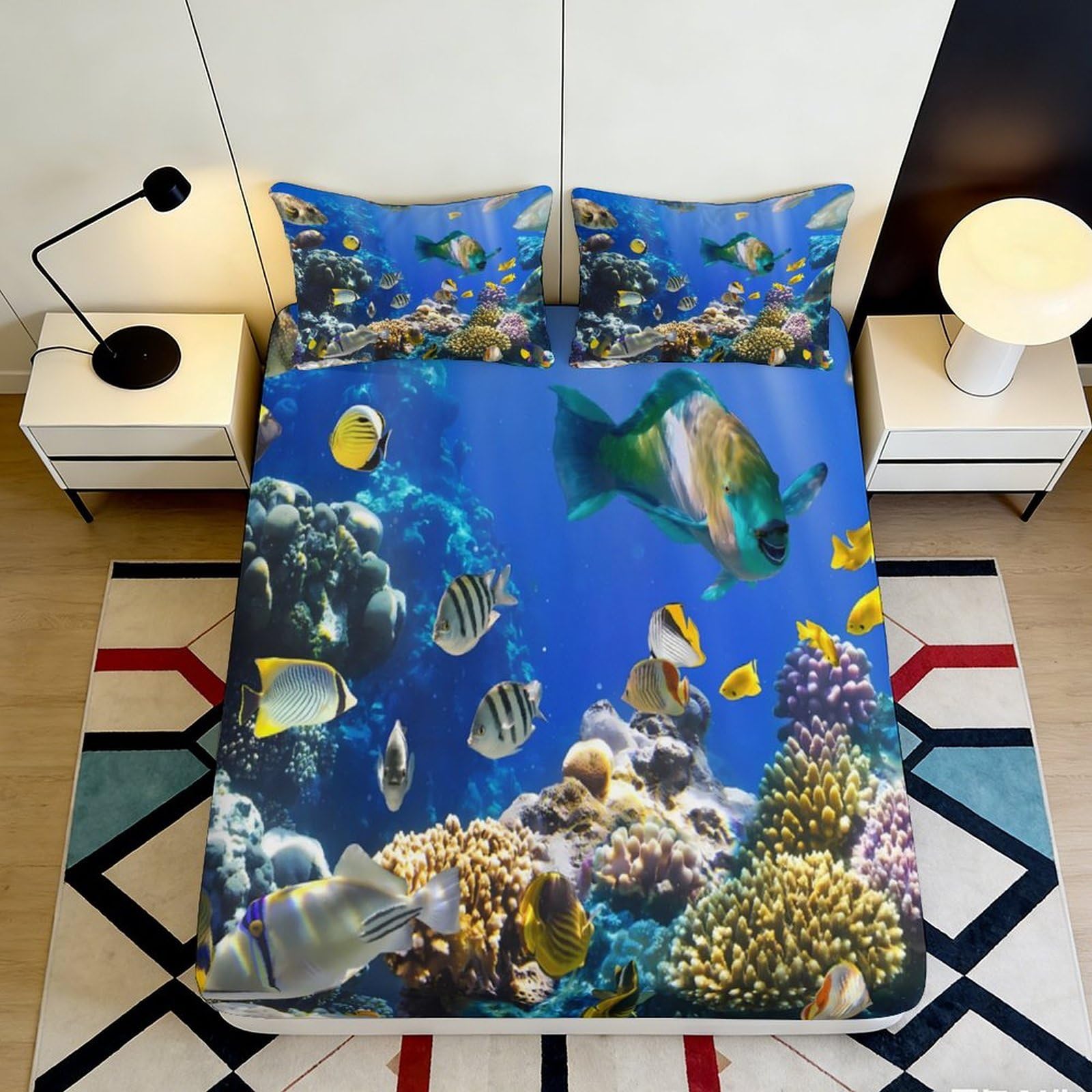 3D Printed Ocean Coral Reef Fitted Sheet Microfiber Soft Blue Tropical Fish Bed Cover for Bedroom Dorm Home Decor 90x200x25cm