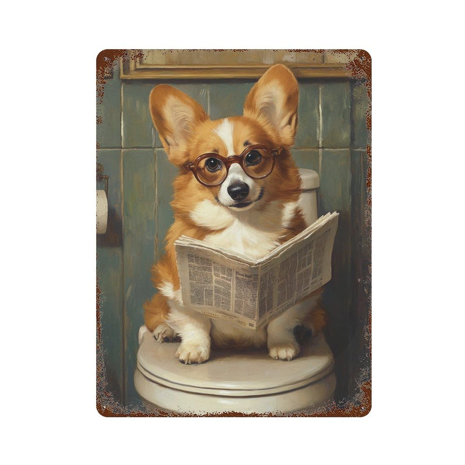 Rust Effect Dog Reading Newspaper on Toilet-49 Vintage Metal Tin Sign 15.7"x11.8", Farmhouse Wall Decor for Garage, Bar And Workshop Decor