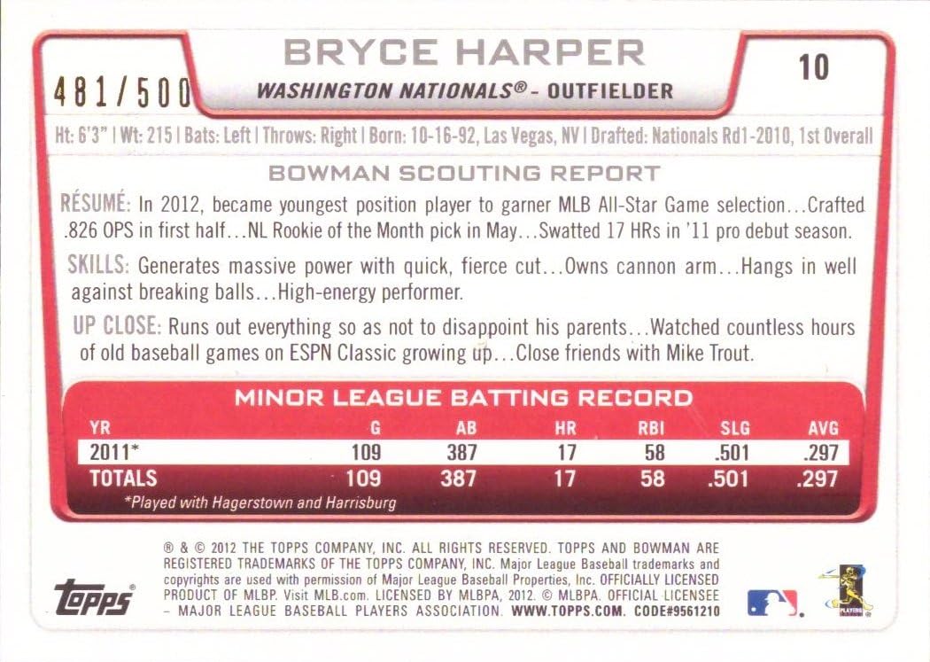 2012 Bowman Draft Picks Blue Parallel Baseball #10 Bryce Harper Rookie Card - Only 500 made