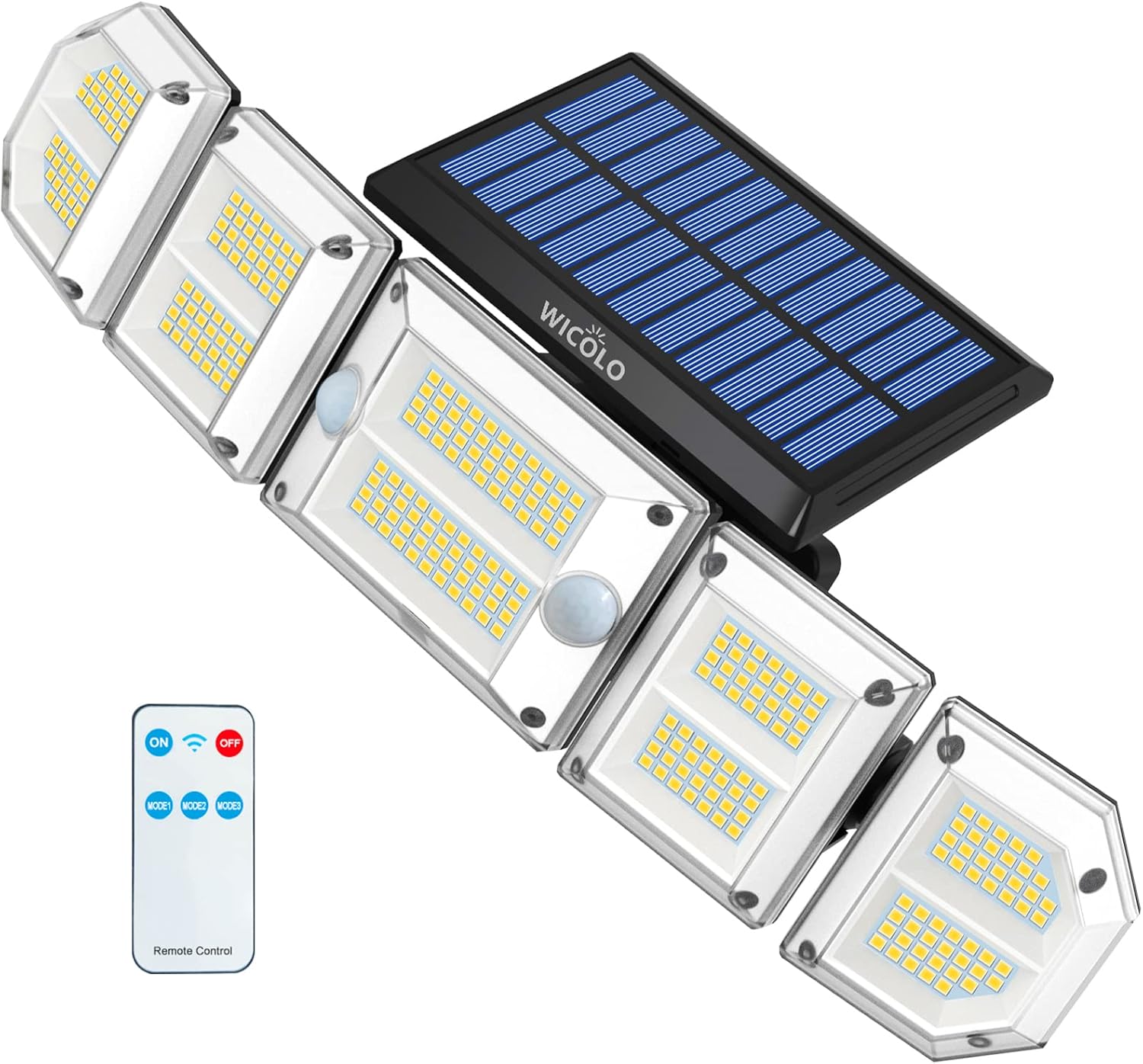 Solar Motion Sensor Lights Outdoor, Security Lights with Remote Control 5 Rotatable Heads 300 LEDs 7500K IP65 Waterproof Flood Lights for Garage Yard Garden (1 Pack)