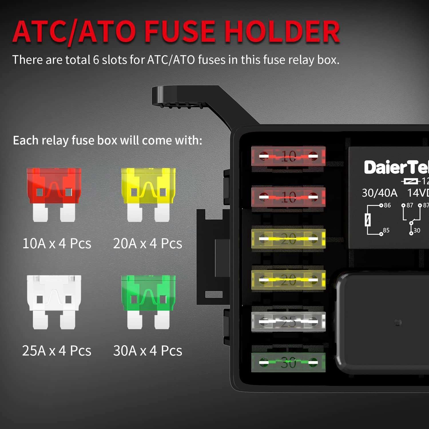 Scatola relè di sicurezza da 12 V, impermeabile, universale, utilizzabile con relè a 6 vie e 14 fusibili ATC/ATO, per auto, camion e barche