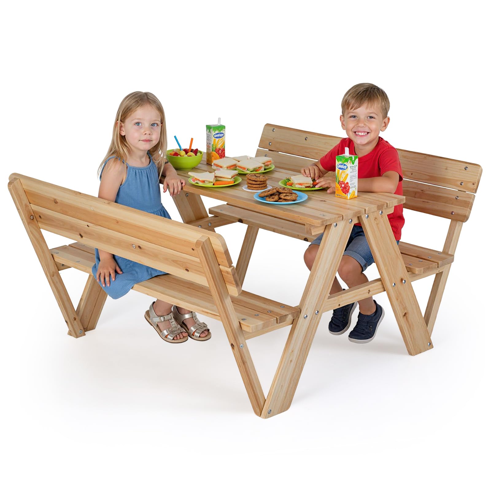 COSTWAY Kinder Picknicktisch, Kindersitzgruppe Outdoor mit Tisch & 2 Sitzbänken, Kindersitzgarnitur Garten für bis zu 4 Kinder, Sitzgruppe Gartenmöbel aus Holz für Jungen & Mädchen ab 3 Jahren