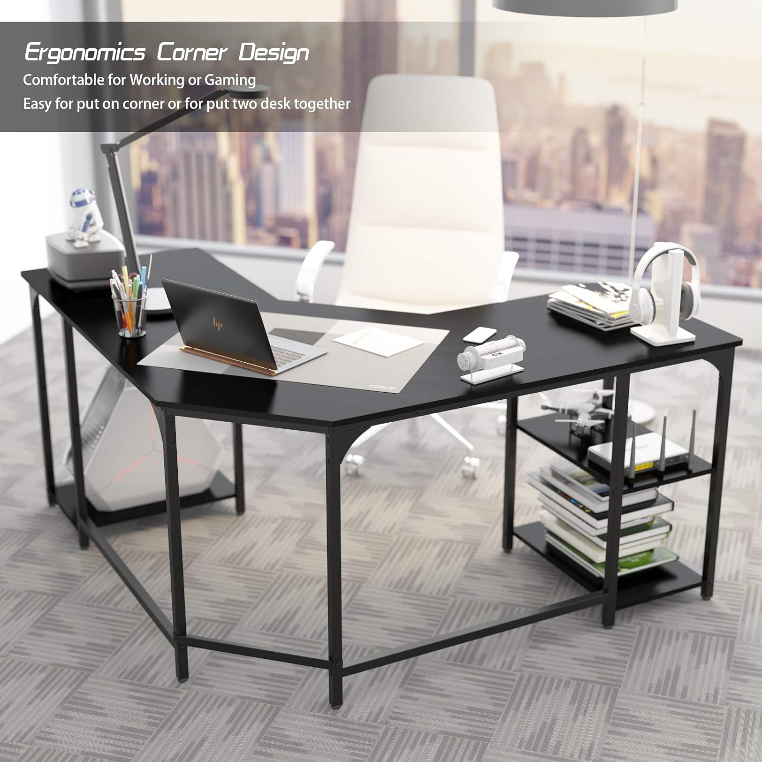 Buy Elephance Large LShaped Computer Desk with Shelves, Corner Desk