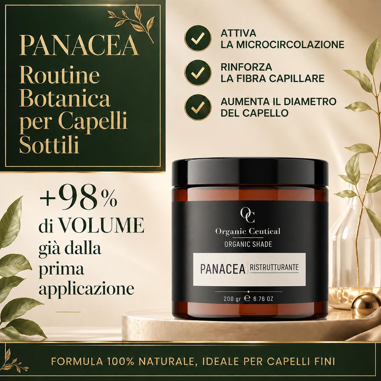 Panacea Impacco Ristrutturante Capelli 100% Naturale Made in Italy, Trattamento Volumizzante in Polvere con Altea, Semi di Lino, Soia e Arnica, Ricostruzione Capelli Danneggiati, 200 g