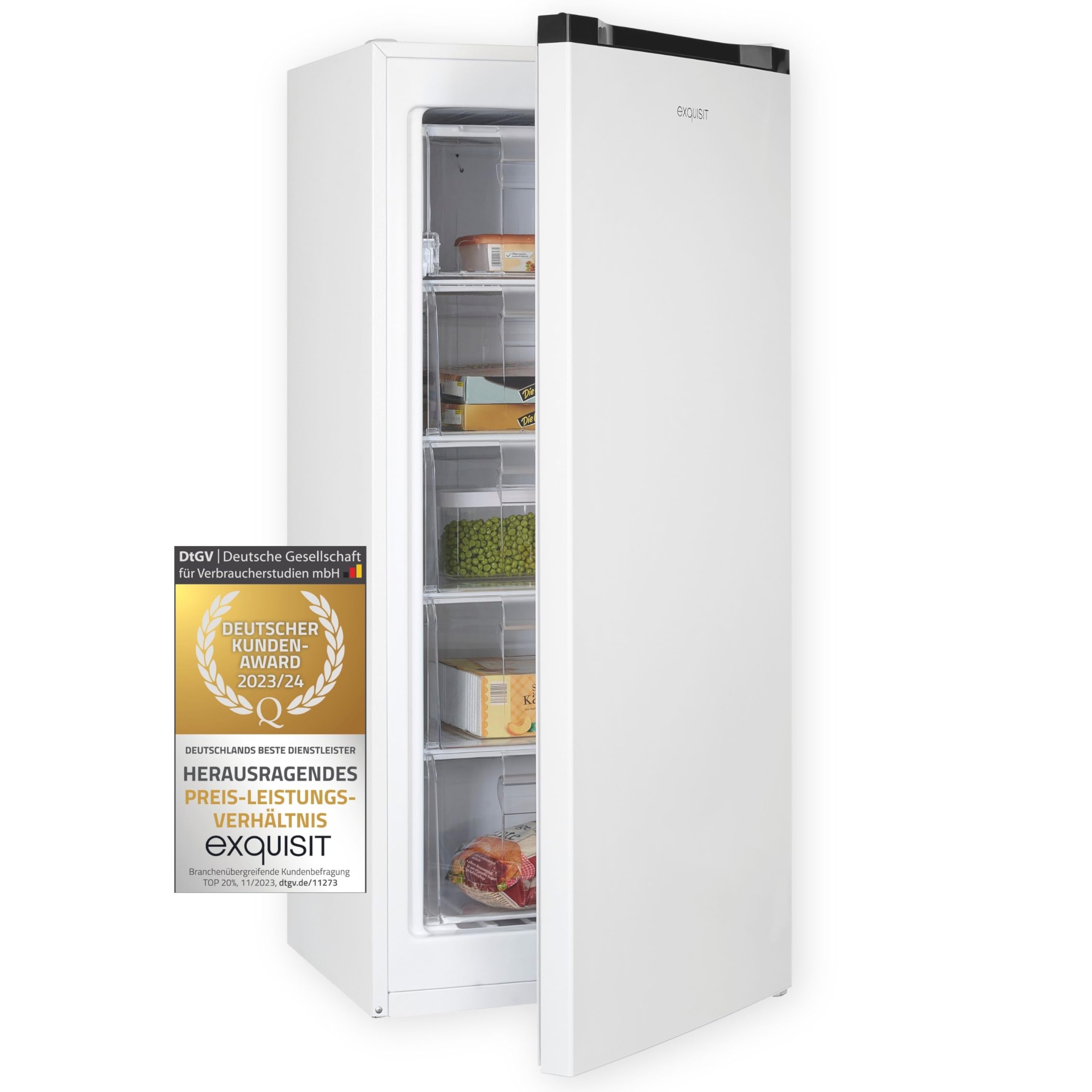 Exquisit GS145-051D Gefrierschrank Weiss - 145 L Standgerät 55 cm Breit | 4-Sterne Tiefkühlschrank mit wechselbarem Türanschlag, Temperaturregelung und 145 Liter Nutzinhalt für jede Küche