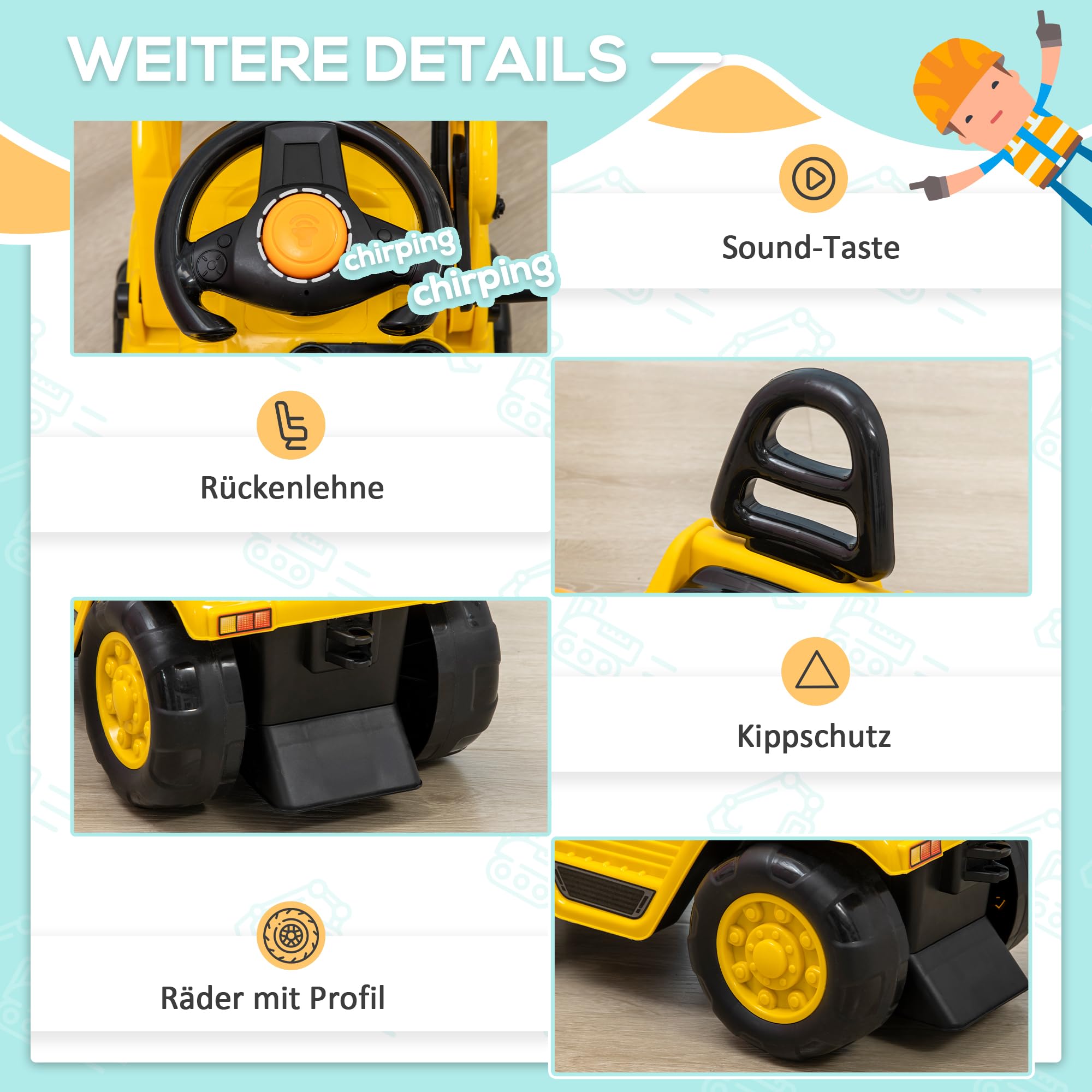 HOMCOM Sitzbagger Aufsitzbagger mit drehbarer Verstellbarer Schaufel, Hupe Kinderbagger mit Stauraum unter Sitz Rutschauto Spielzeugbagger zum Sitzen bis 30 kg, Sandbagger für Kinder 2-4 Jahre Gelb